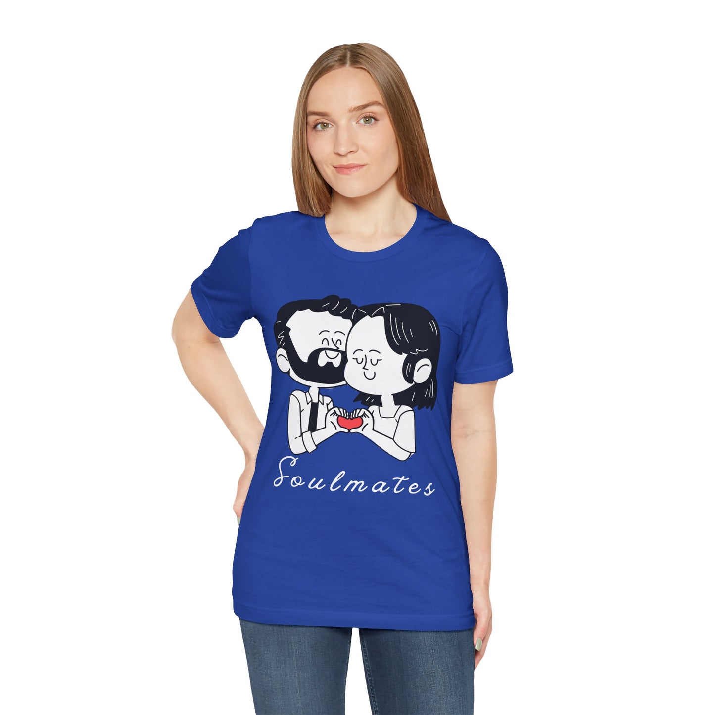 Woman wearing a blue t-shirt with a graphic of two people snuggled, making a heart shape by putting their hands together and text 'Soulmates' 
