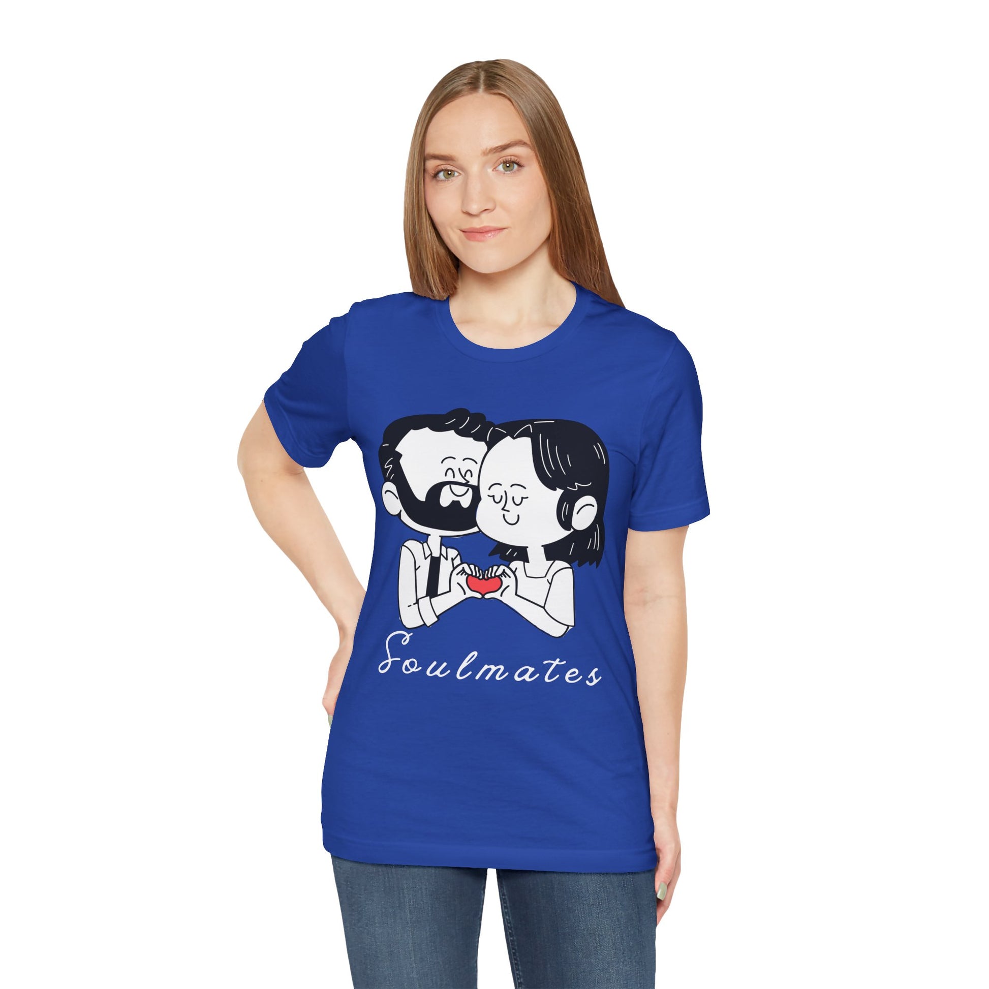 Woman wearing a blue t-shirt with a graphic of two people snuggled, making a heart shape by putting their hands together and text 'Soulmates' 