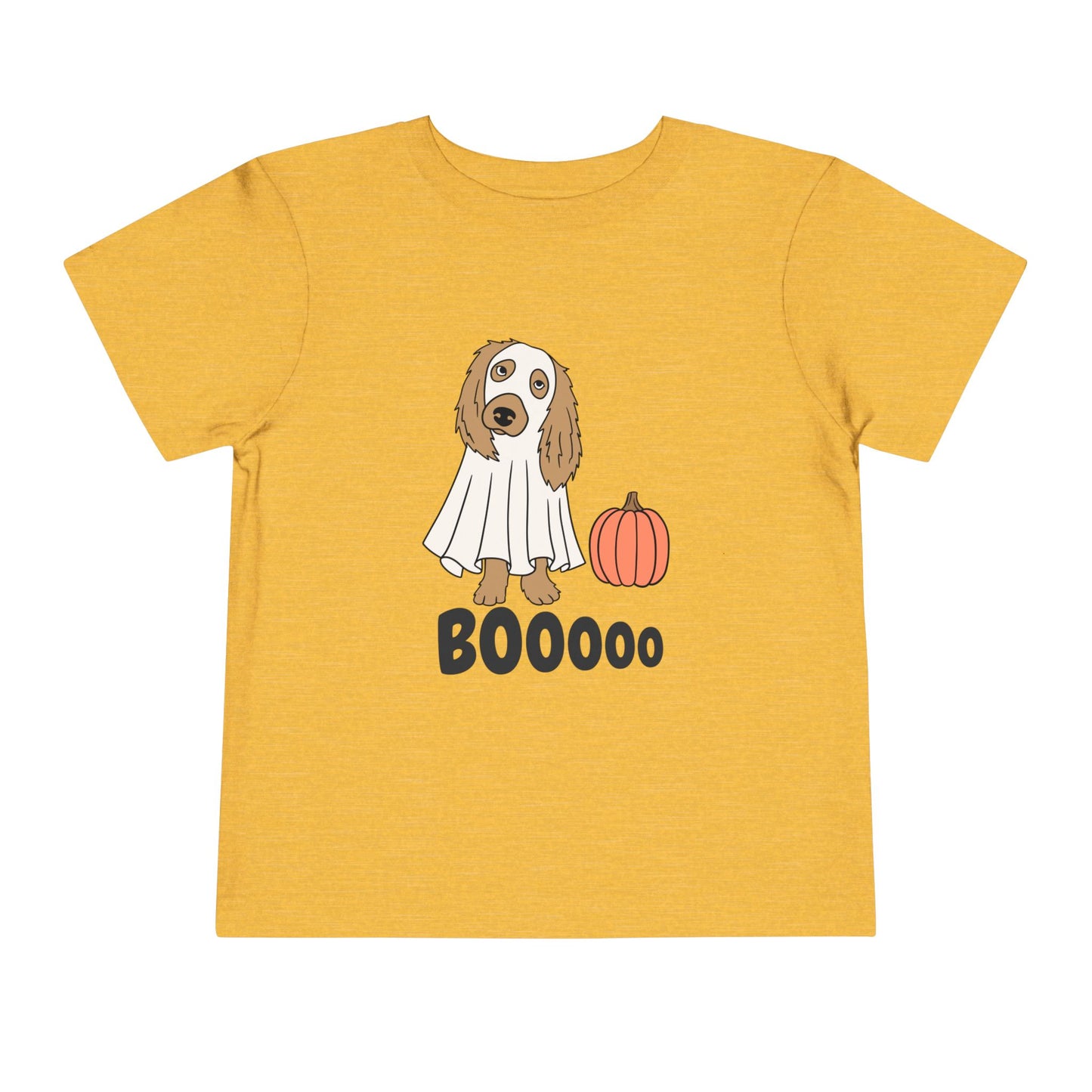 Yellow/gold toddler t-shirt with a dog in a ghost costume, a pumpkin and text 'Booooo' 