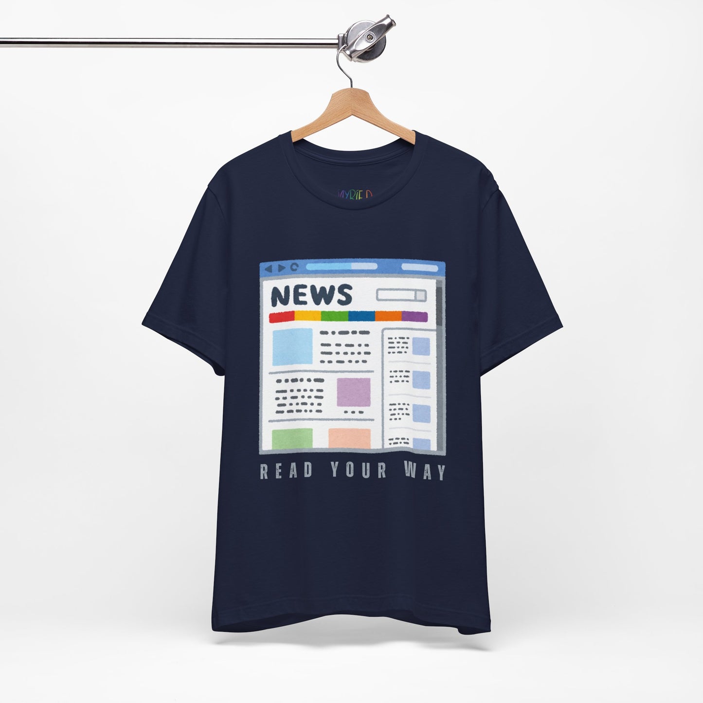 Navy blue t-shirt with a graphic of a news website and text 'Read Your Way' 