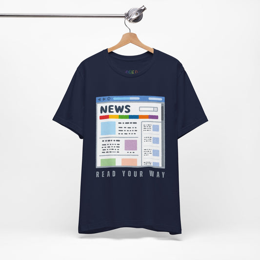 Navy blue t-shirt with a graphic of a news website and text 'Read Your Way' 