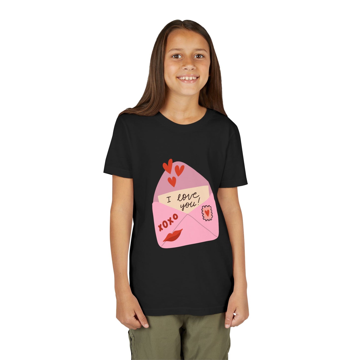 Girl wearing a black t-shirt with an 'I love you!' letter peaking out of a pink envelope