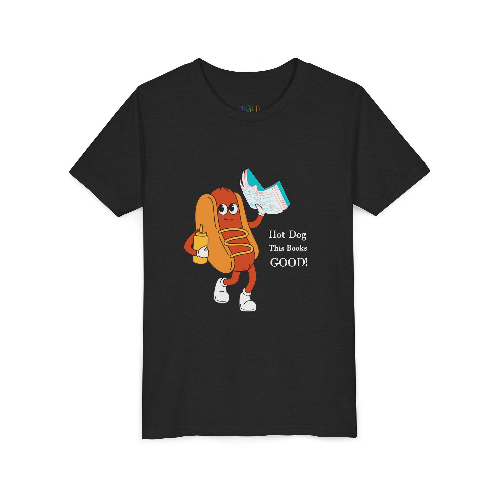 Black t-shirt with a cartoon hot dog character holding a blue book and text 'hot dog this books good'