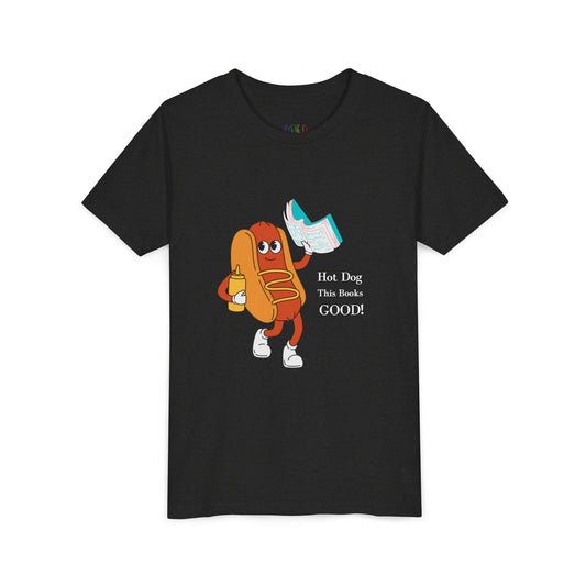 Black t-shirt with a cartoon hot dog character holding a blue book and text 'hot dog this books good'