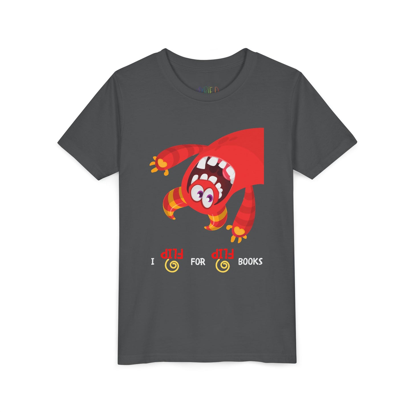 Gray t-shirt with an upside down red monster cartoon character and playful text 'I FLIP FOR FLIP BOOKS'
