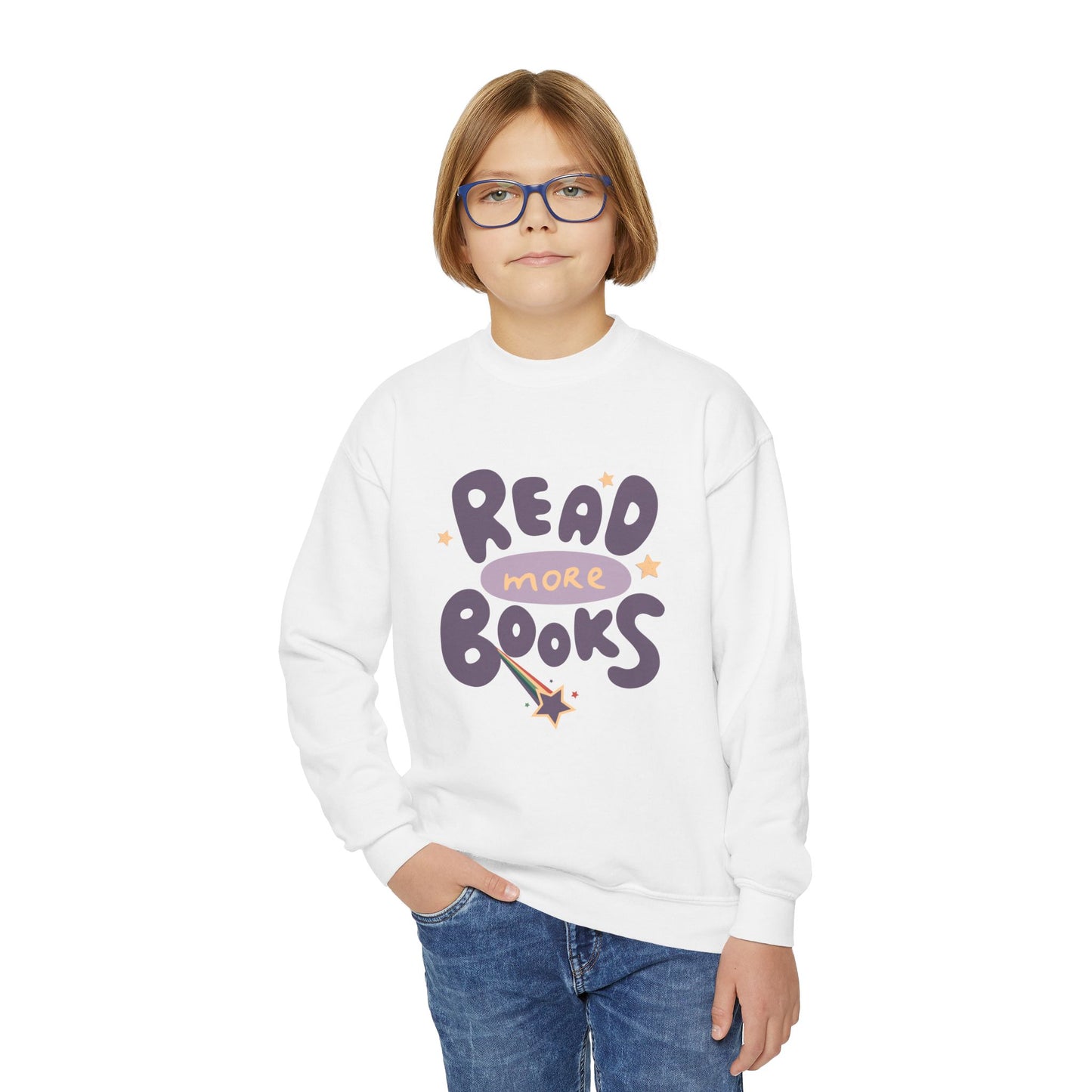 Boy wearing a white sweatshirt with 'Read More Books' text and a shooting star