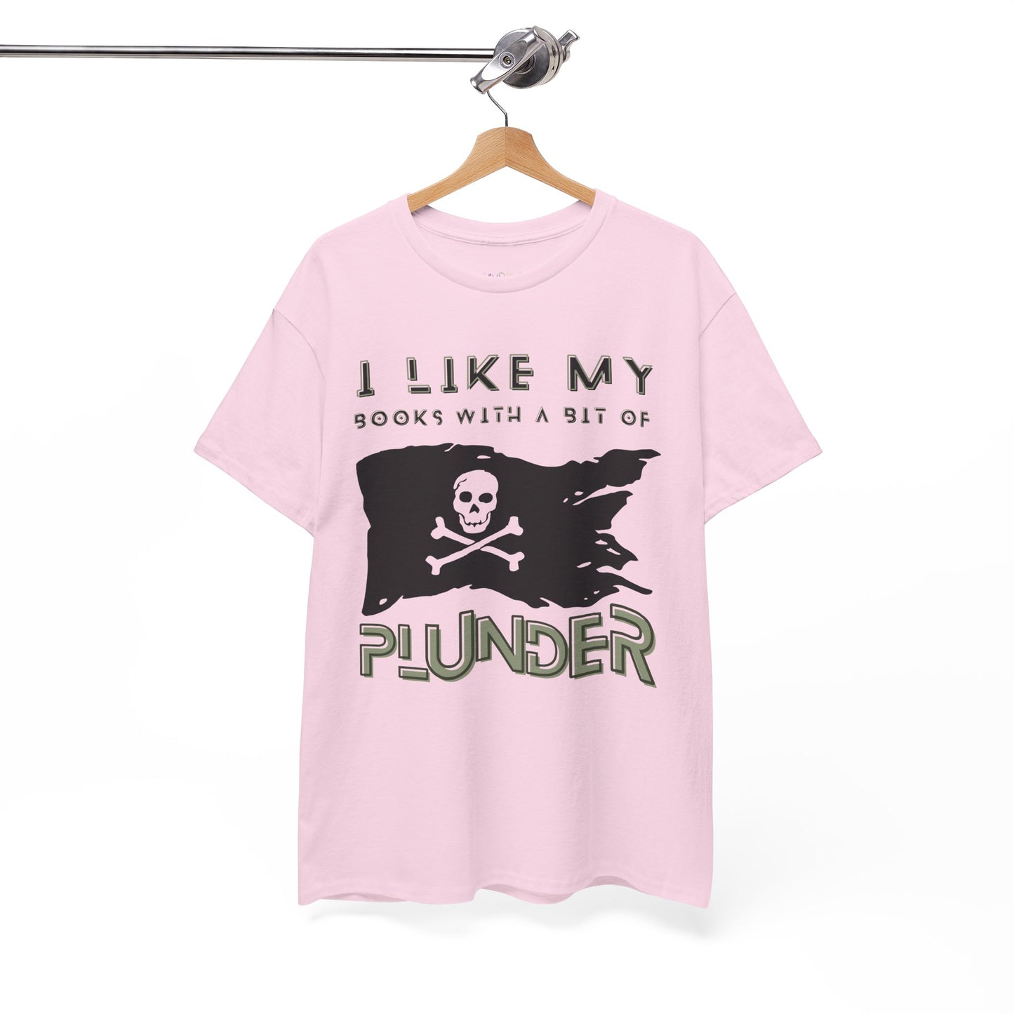 Pink t-shirt with a pirate flag design and text 'I Like My Books With A Bit Of Plunder'