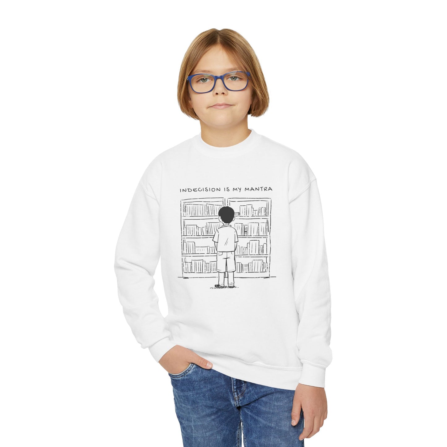 Boy wearing a white sweatshirt with a sketched graphic of a boy looking at bookshelves and text 'Indecision is my mantra' 