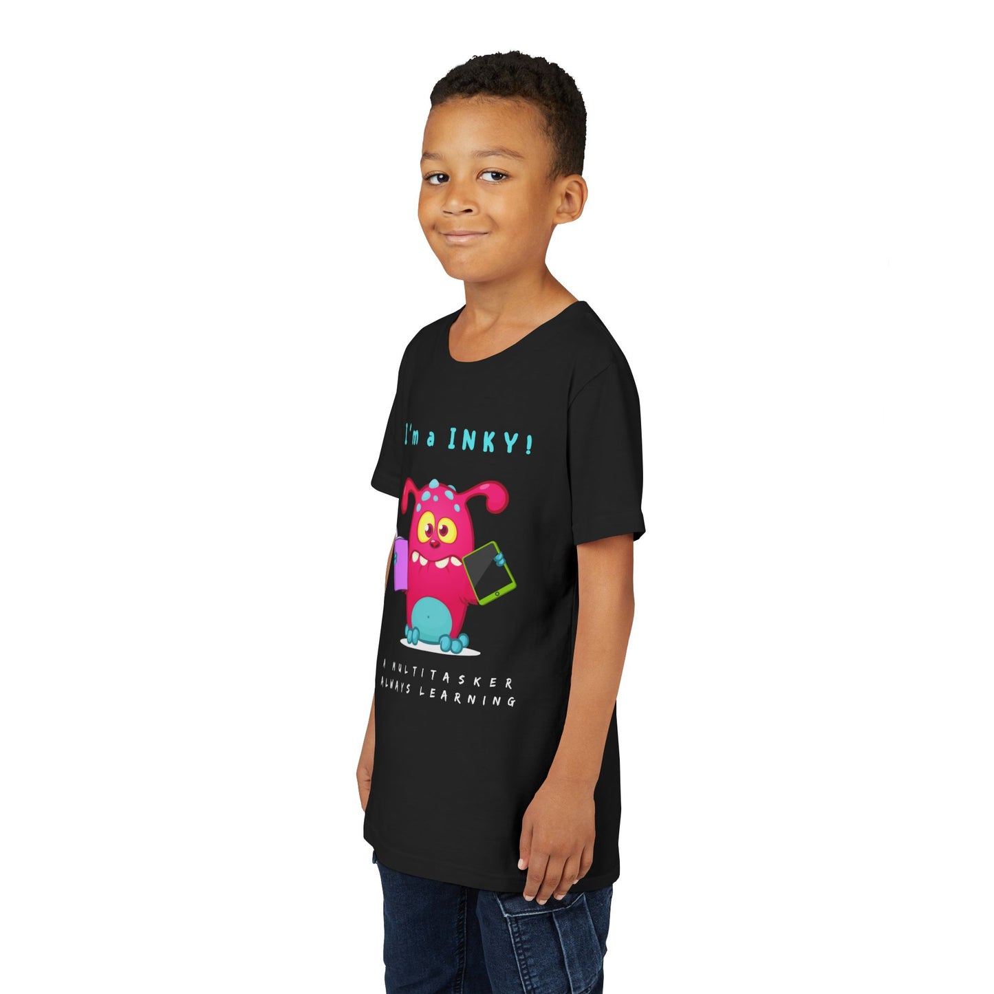 Boy wearing a black t-shirt with a colorful cartoon monster holding a book and an ipad, with text 'I'm a INKY!'