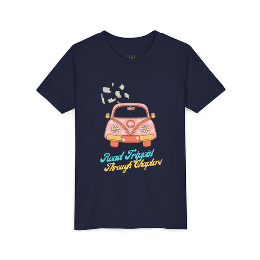 Youth Road Trippin' Through Chapters Tee – For Book-Loving Adventurers, Perfect for young readers with wanderlust and wild imaginations!