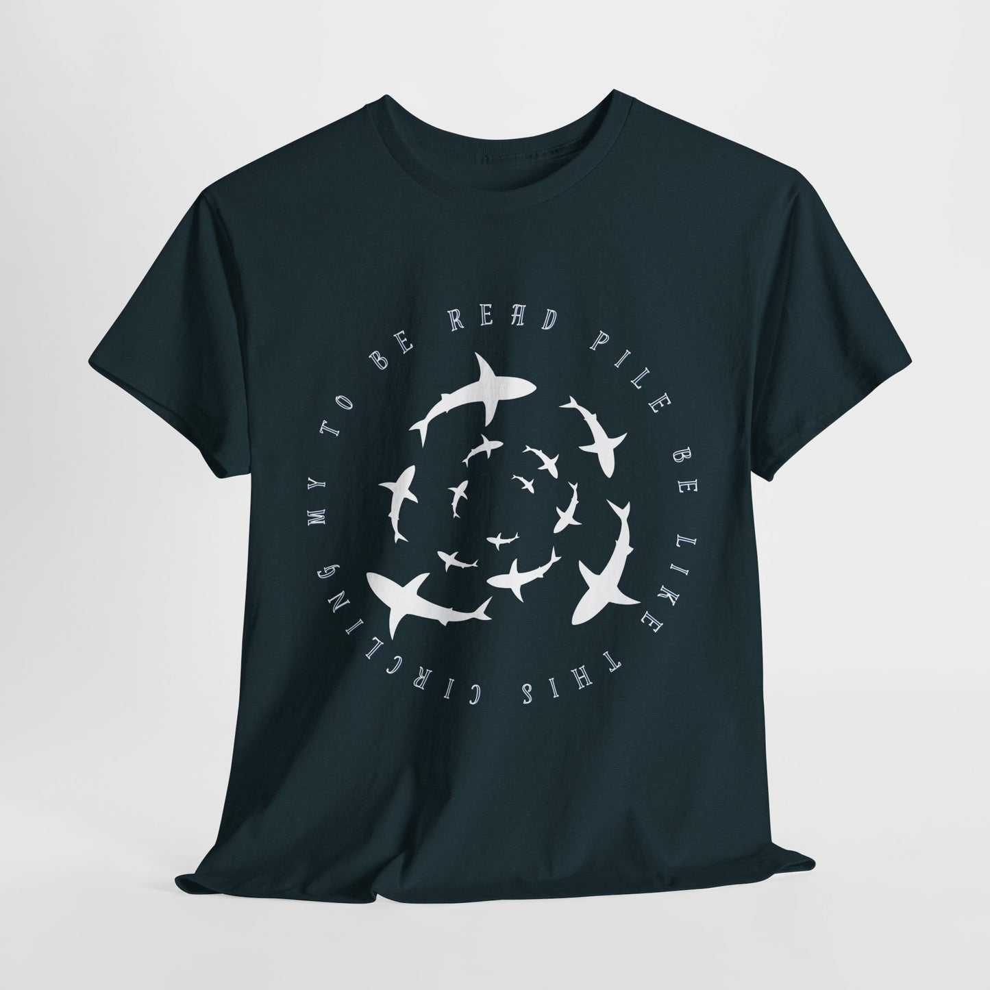 Teen/Adult Unisex Circling Sharks TBR Tee – Funny To-Be-Read Pile Reader Shirt