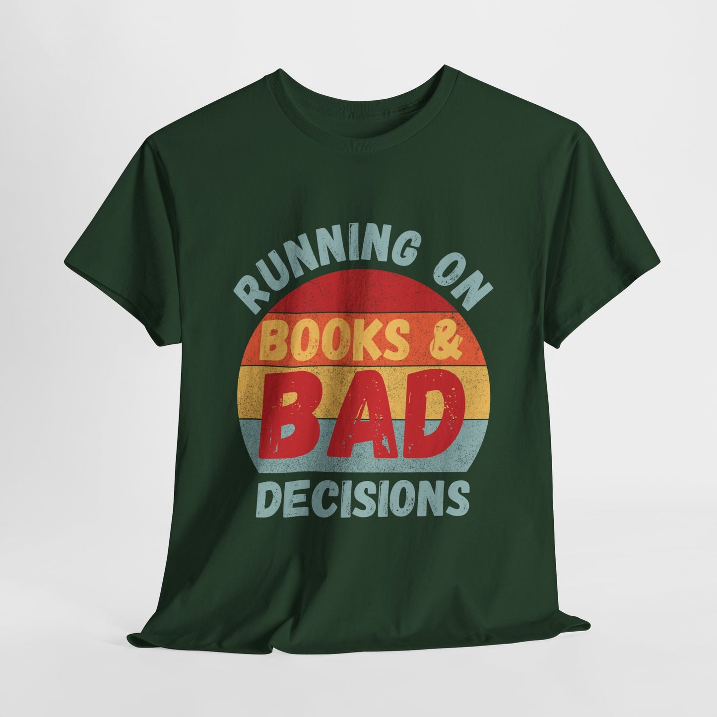 Teen/Adult Unisex Running on Books & Bad Decisions Tee – Funny Retro Reader Shirt for Book Addicts (Curve Edition)