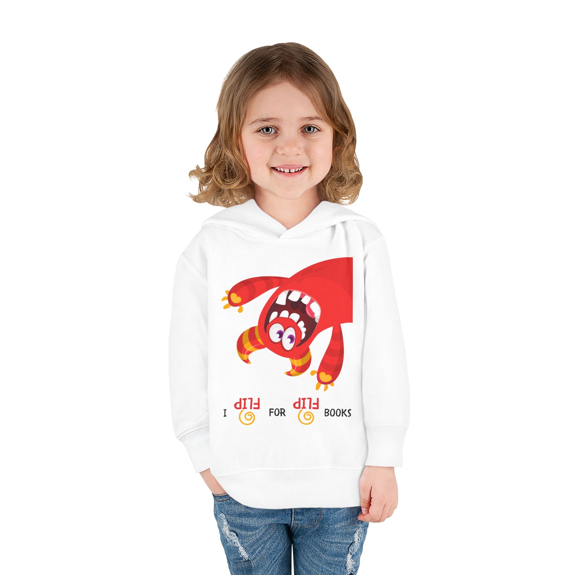 Girl wearing a white hoodie with an upside down monster and playful text 'I FLIP for FLIP books'