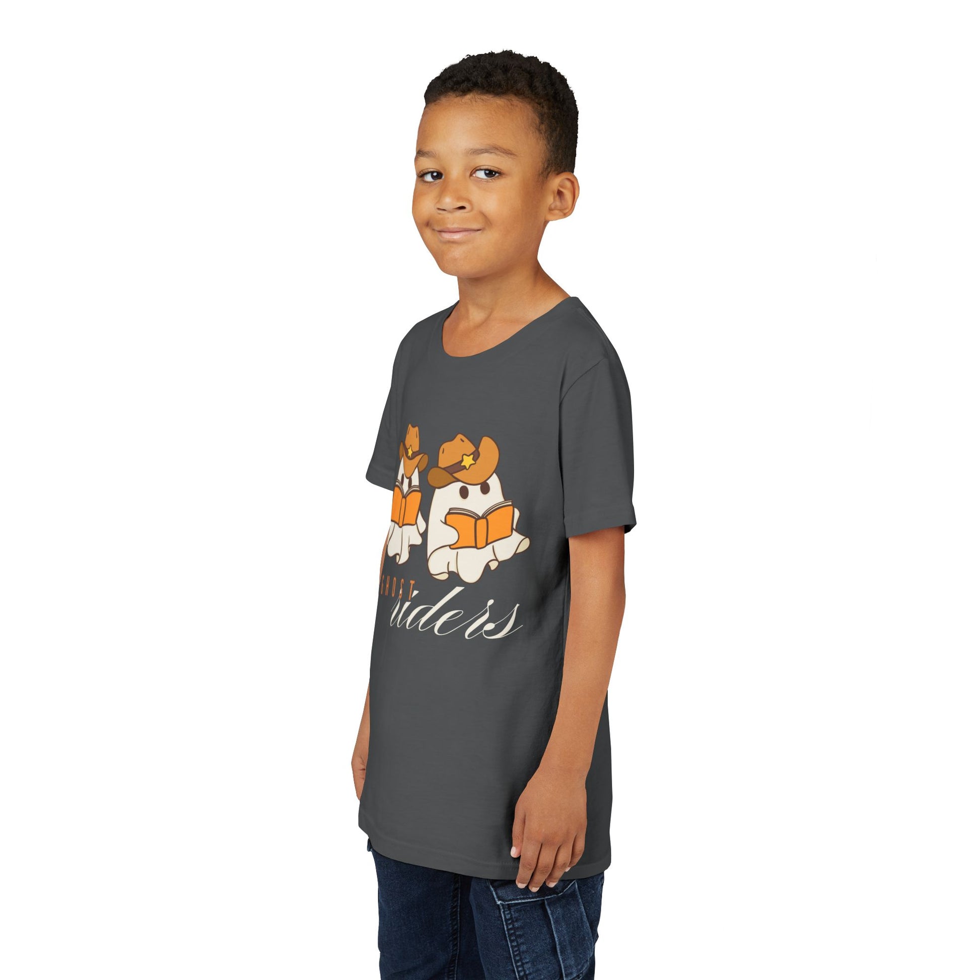 Child wearing a dark gray t-shirt with cowboy hat wearing ghost reading books and text 'Ghost Riders'