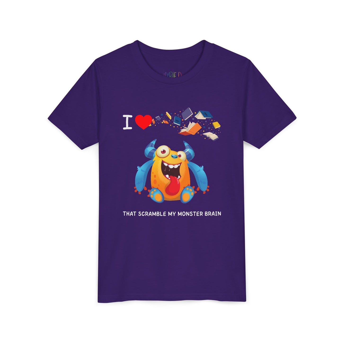 Purple t-shirt with a goofy, yet colorful cartoon monster character, books flying through air and playful I love books that Scramble My Monster Brain text