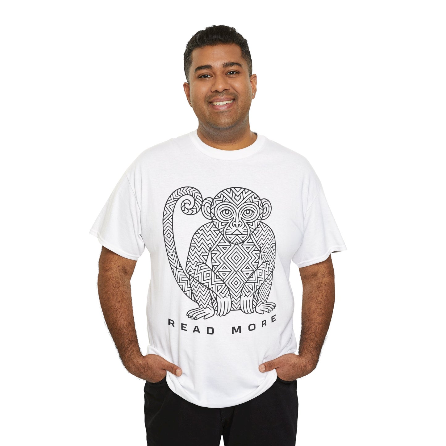Man wearing a white t-shirt with a monkey graphic and 'Read More' text