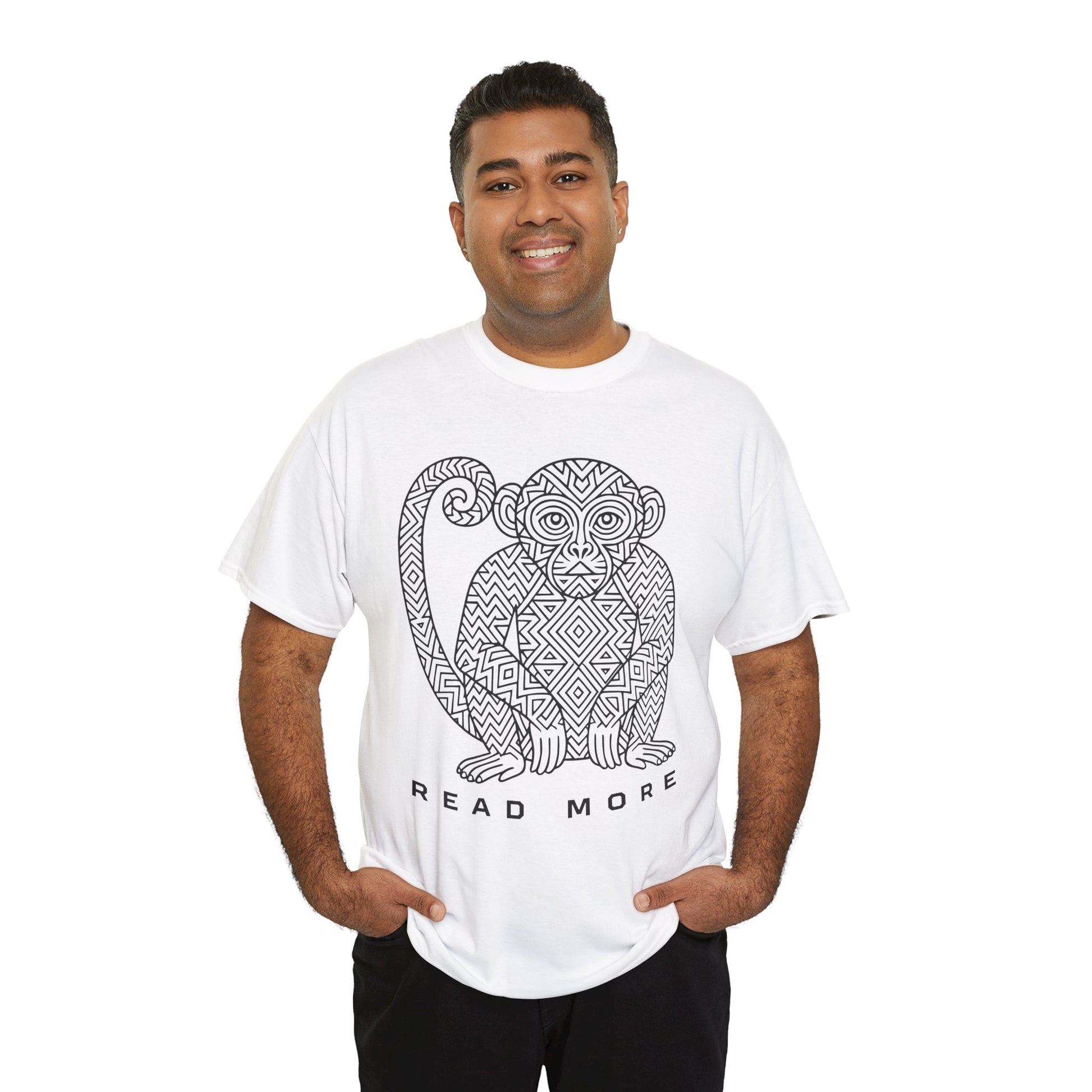 Man wearing a white t-shirt with a monkey graphic and 'Read More' text
