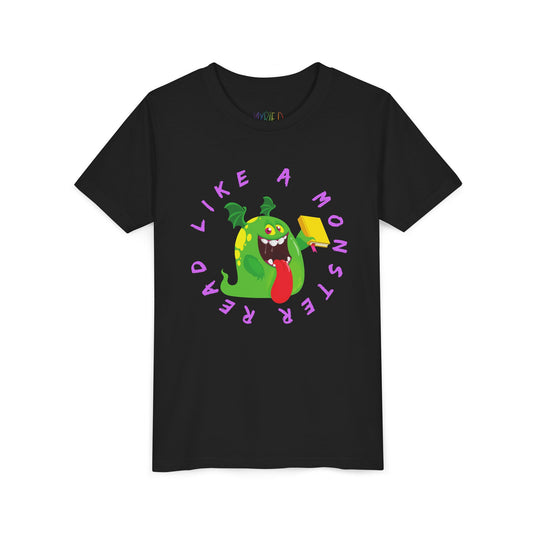 Black t-shirt with a wide mouthed green monster holding a yellow book, circled by purple text 'Read Like A Monster' 