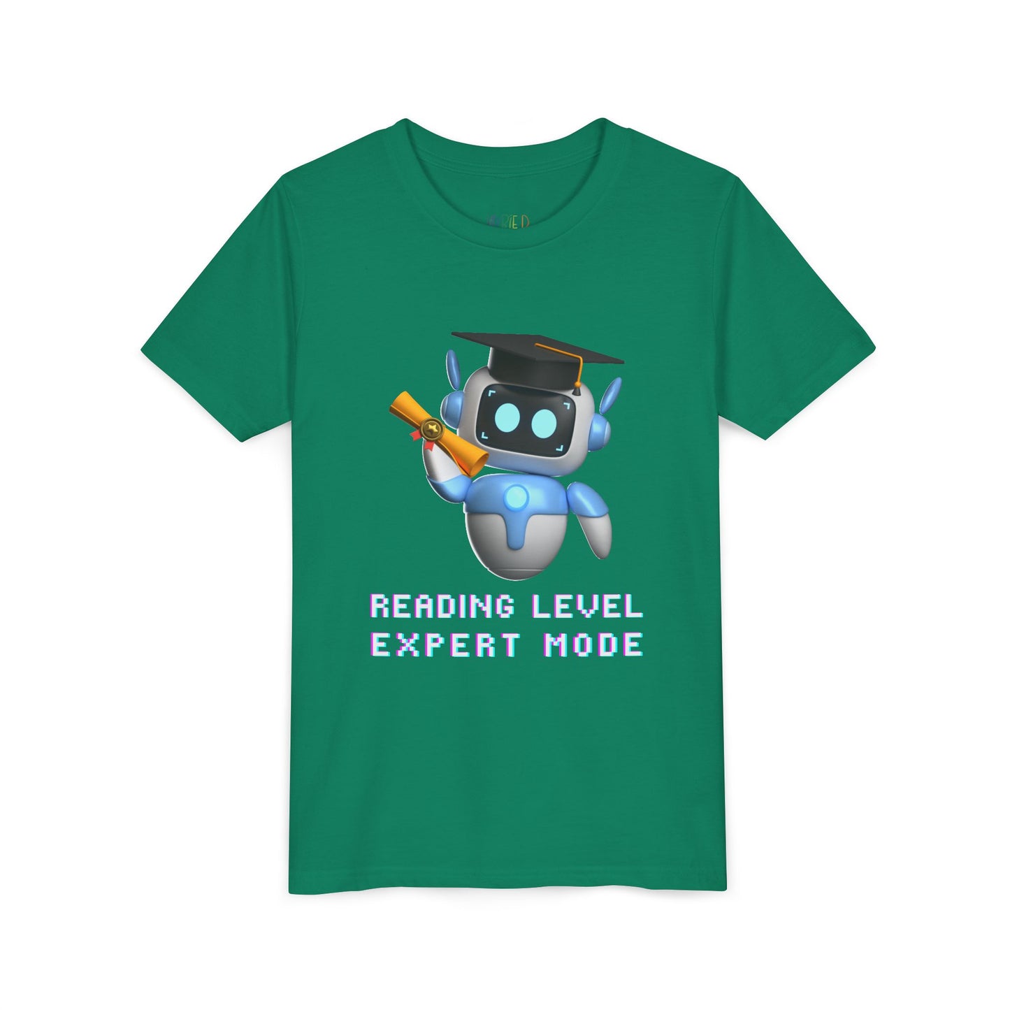 Green t-shirt with a robot graduate and text 'Reading Level Expert Mode' 