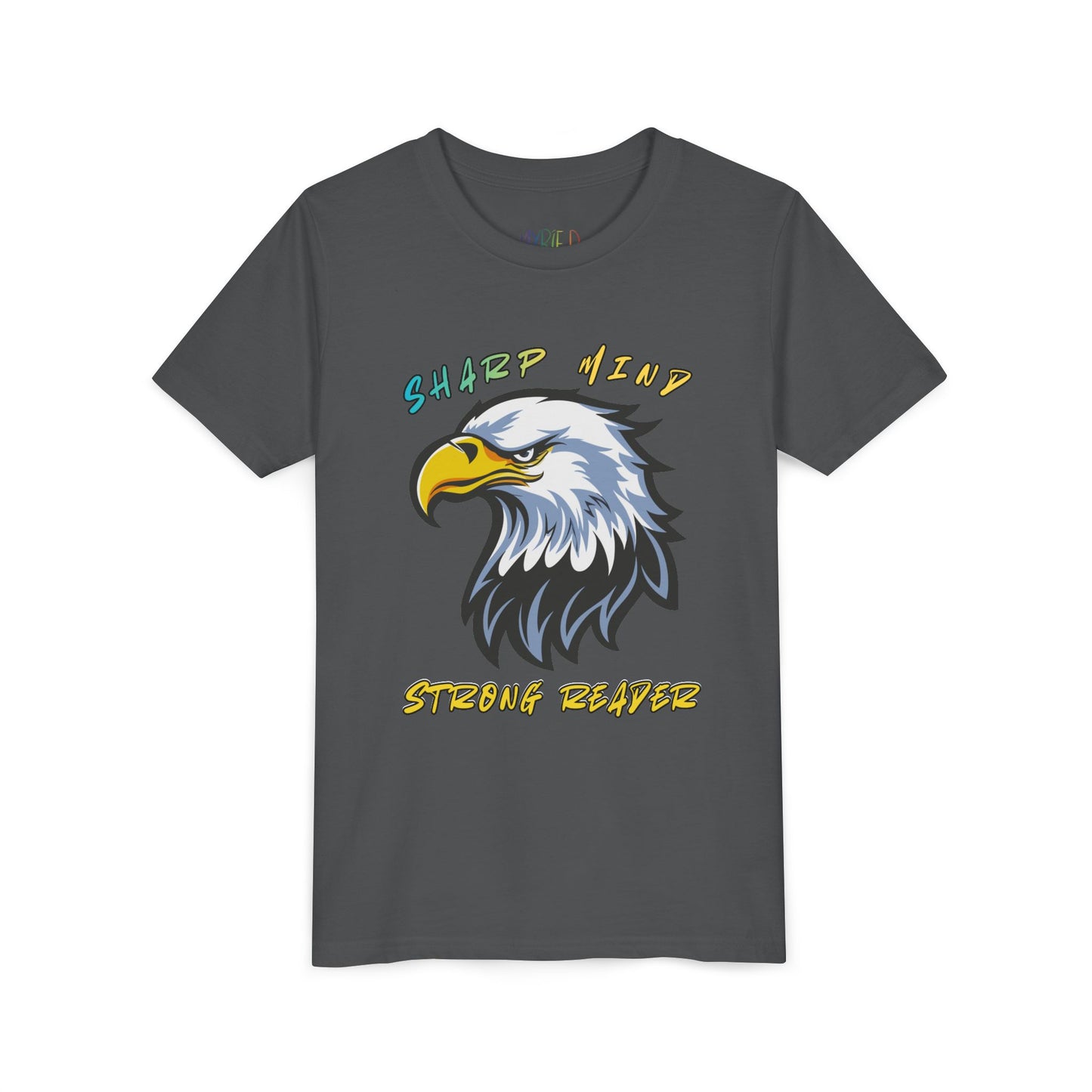 Gray t-shirt with an eagle graphic and colorful text 'Sharp Mind Strong Reader'