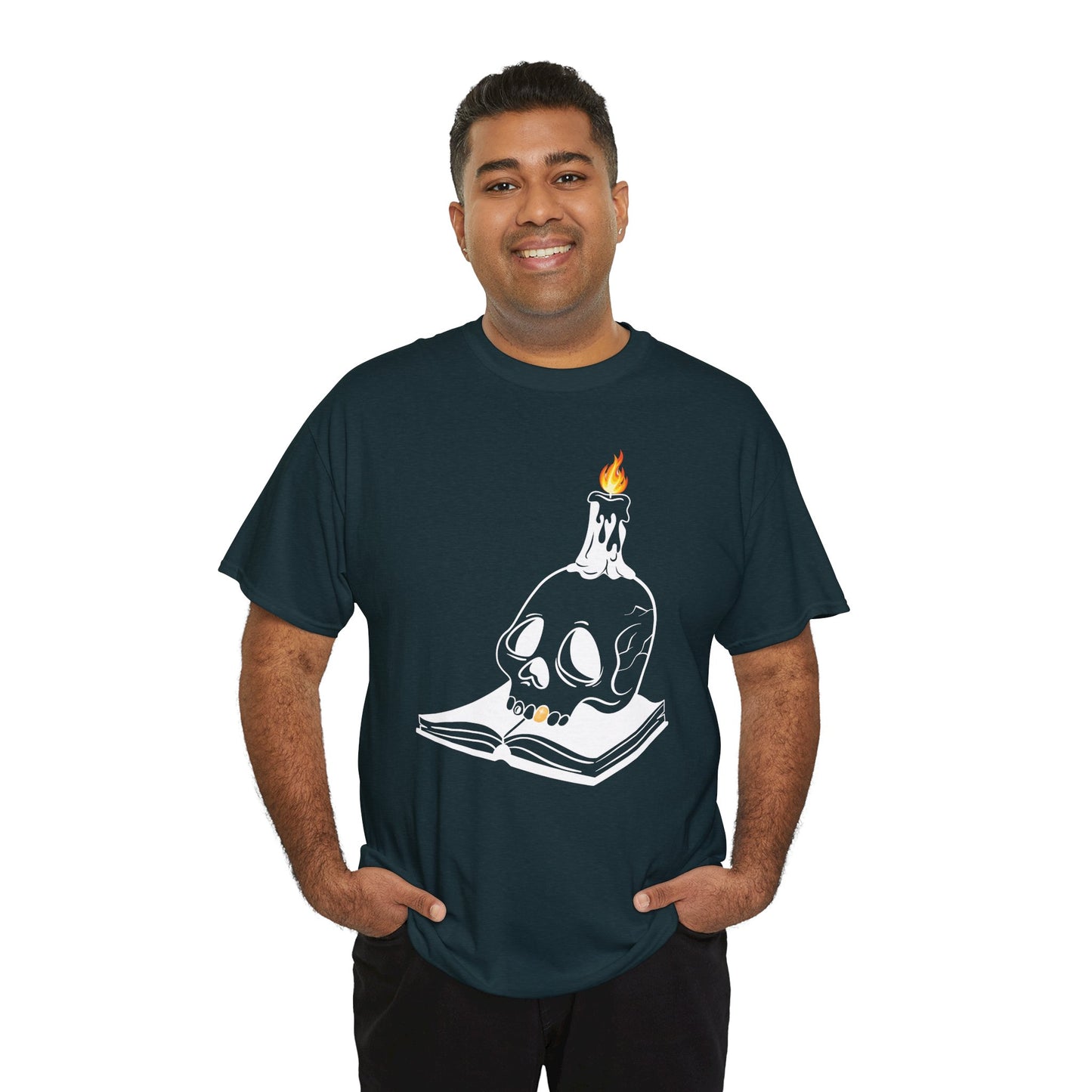 Man wearing a midnight t-shirt with a graphic design of a skull and candle on an an open book