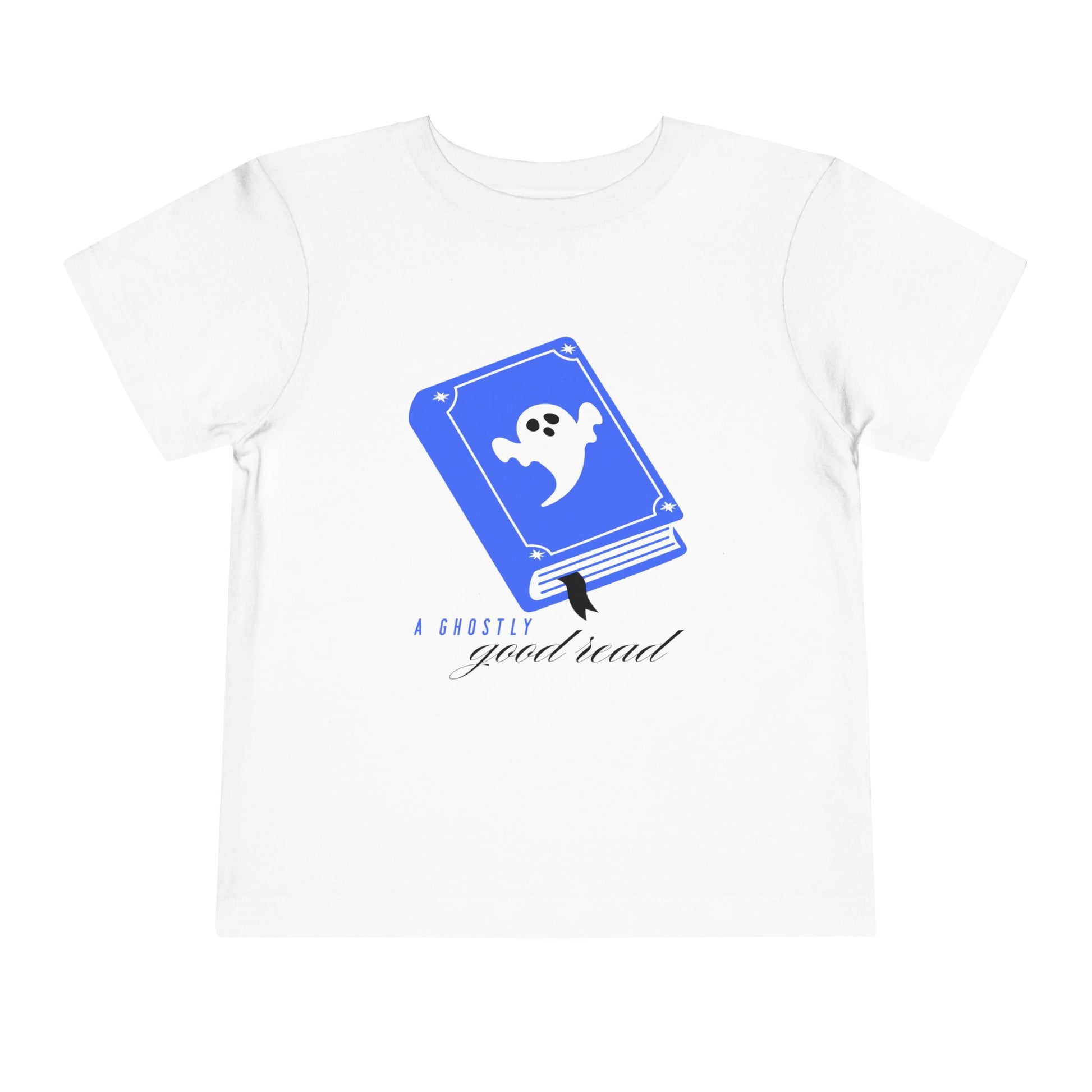 White t-shirt with blue book with a ghost on the cover and text 'A ghostly good read' 