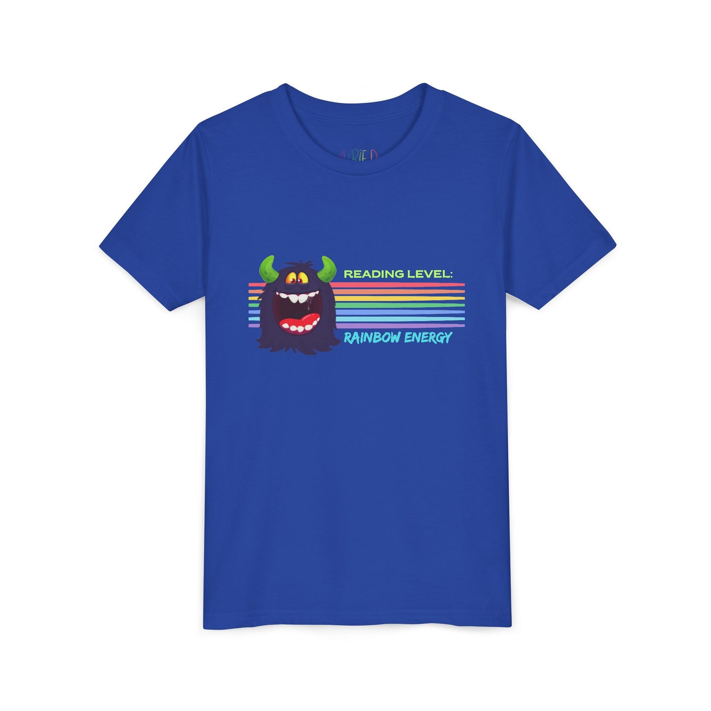 Blue t-shirt with a cartoon monster, horizontal rainbow strips and text 'Reading Level: RAINBOW ENERGY' 
