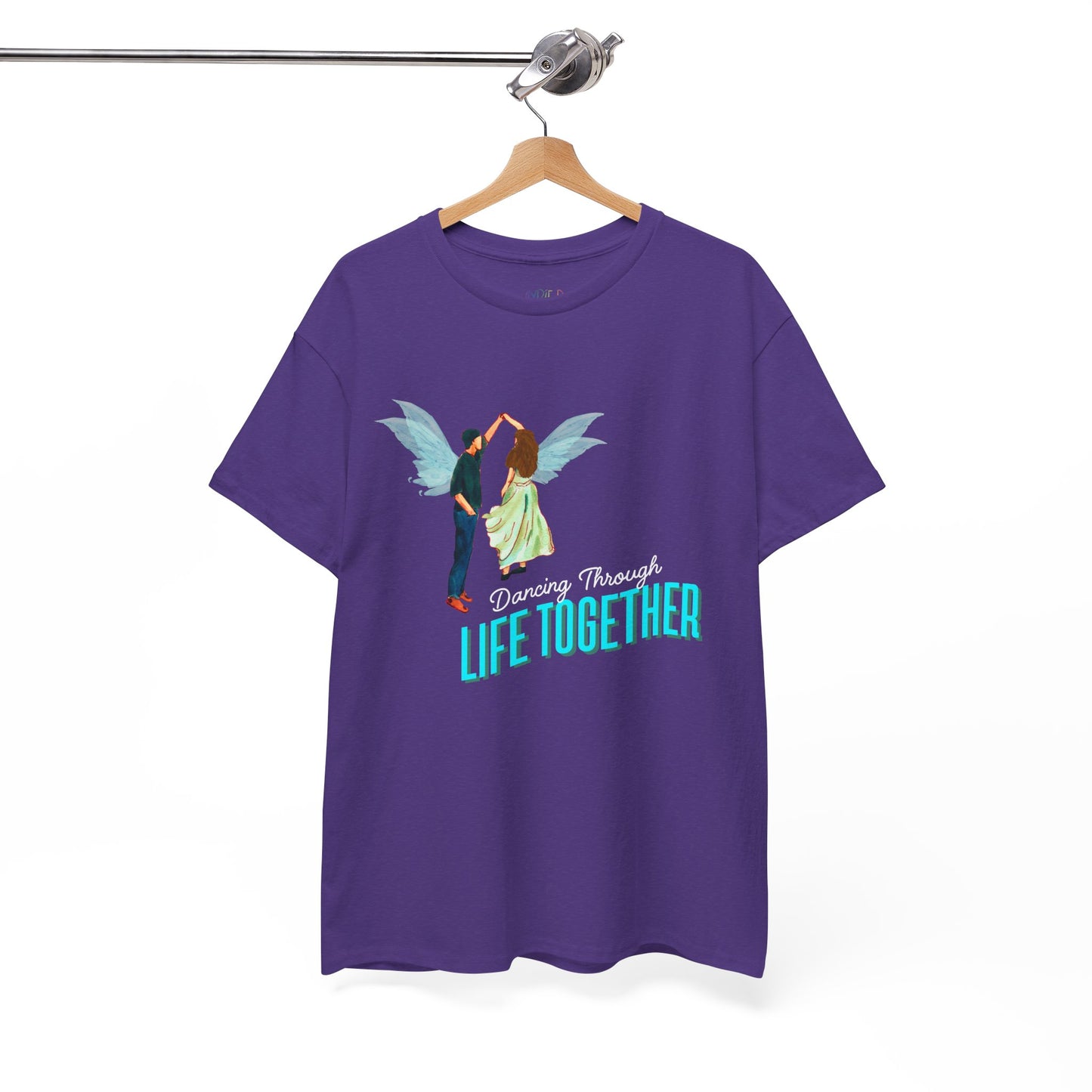 Purple t-shirt with two fairies dancing and text 'Dancing Through Life Together' 