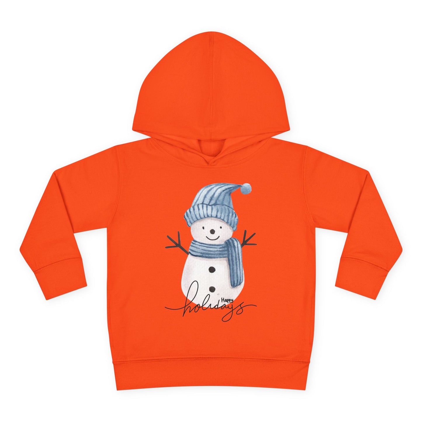 Orange toddler hoodie with a snowman, wearing a blue scarf and hat, text 'Happy Holidays' on a white background