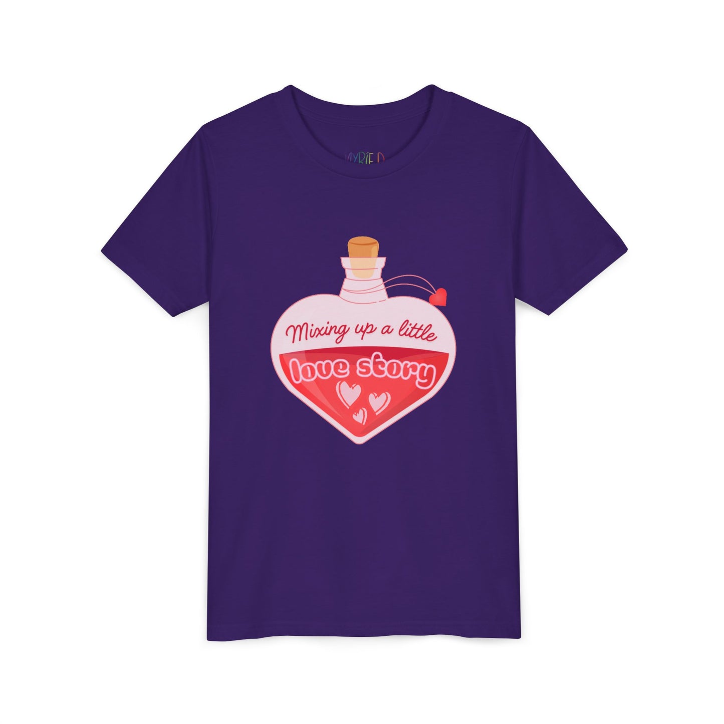 Purple t-shirt with a heart-shaped potion bottle and text 'Mixing Up A Little Love Story' 