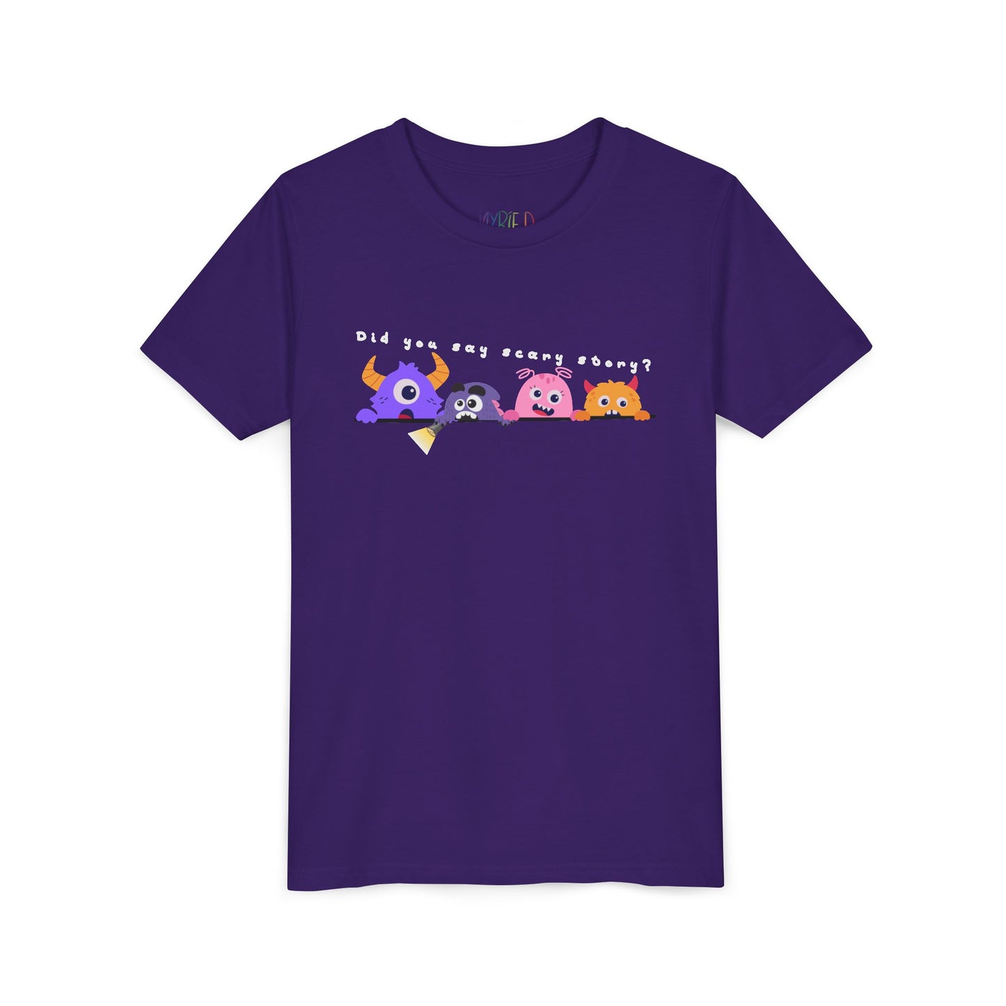 Purple t-shirt with a row of worried colorful cartoon monsters peaking over the edge of a line and text 'Did You Say Scary Story?' 