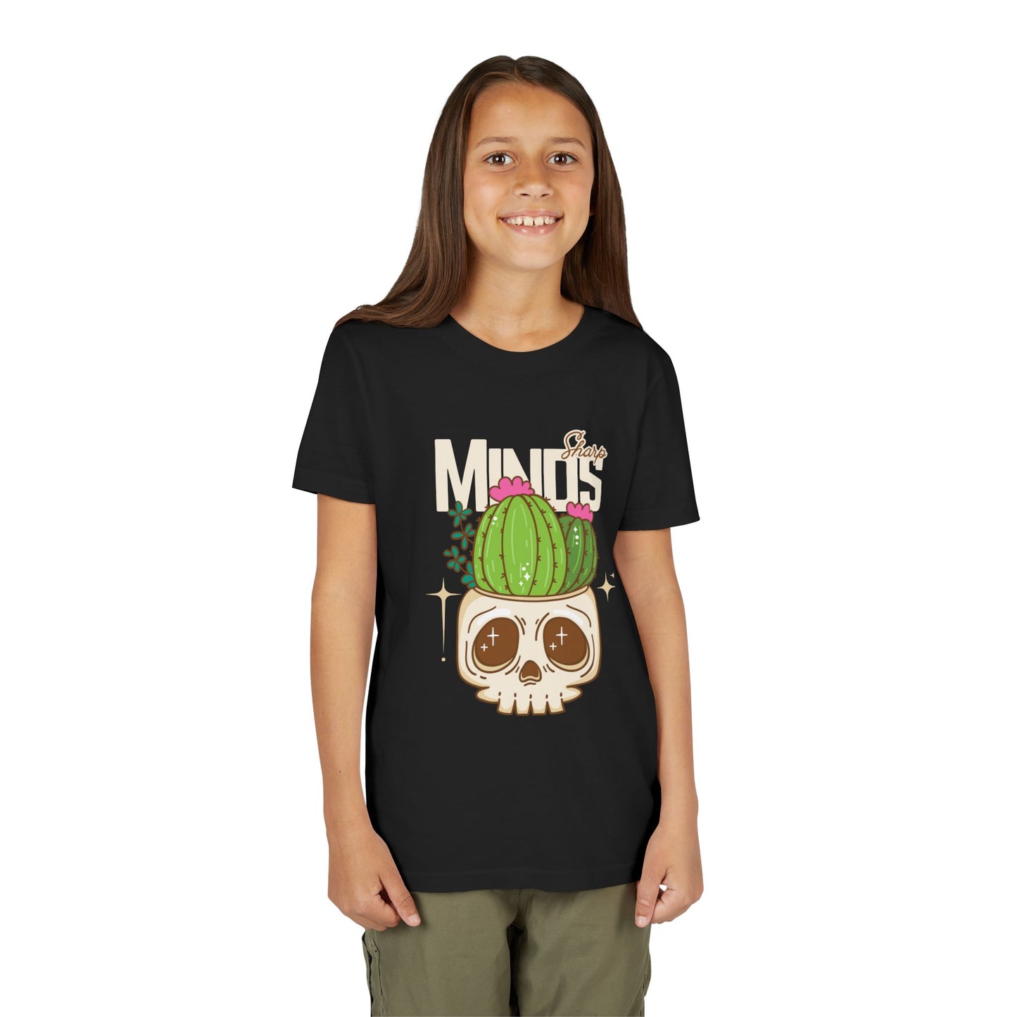 Young girl wearing a black t-shirt with a cactus growing out of a skull and text 'Sharp Minds'
