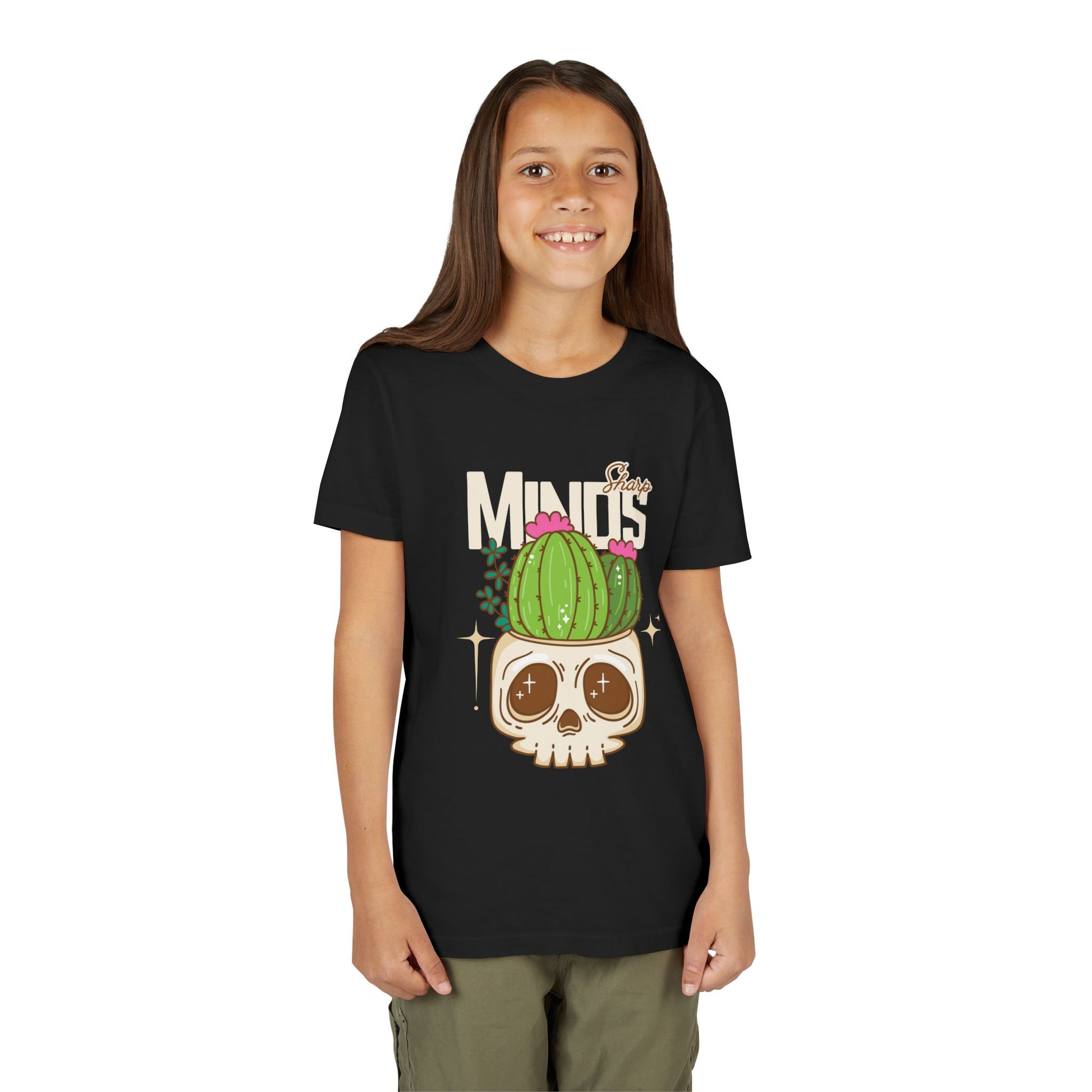 Young girl wearing a black t-shirt with a cactus growing out of a skull and text 'Sharp Minds'