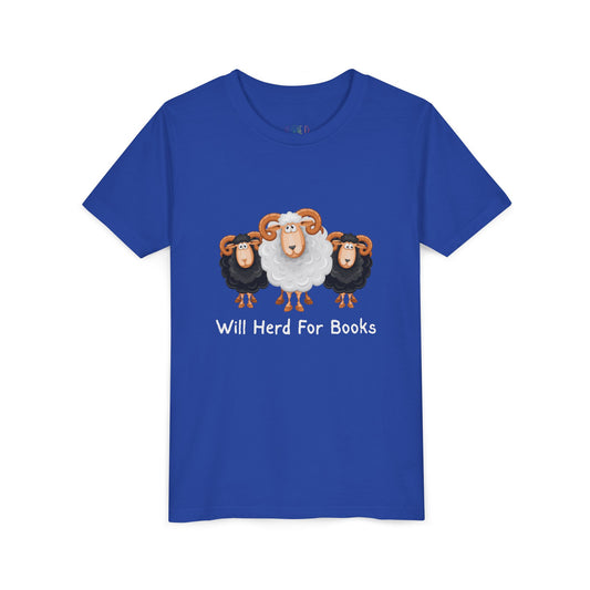 Blue t-shirt with cartoon sheep and text 'Will Herd For Books' 