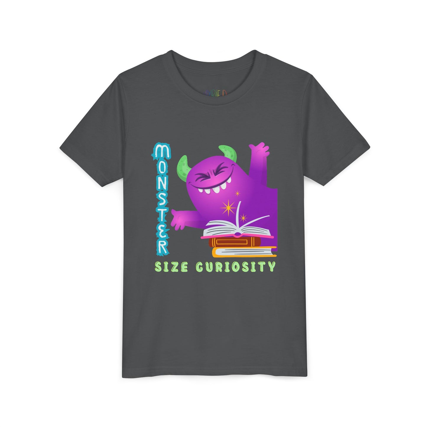 Gray t-shirt with a purple monster leaning in from the edge of the page, a stack of books and text 'Monster Size Curiosity' 