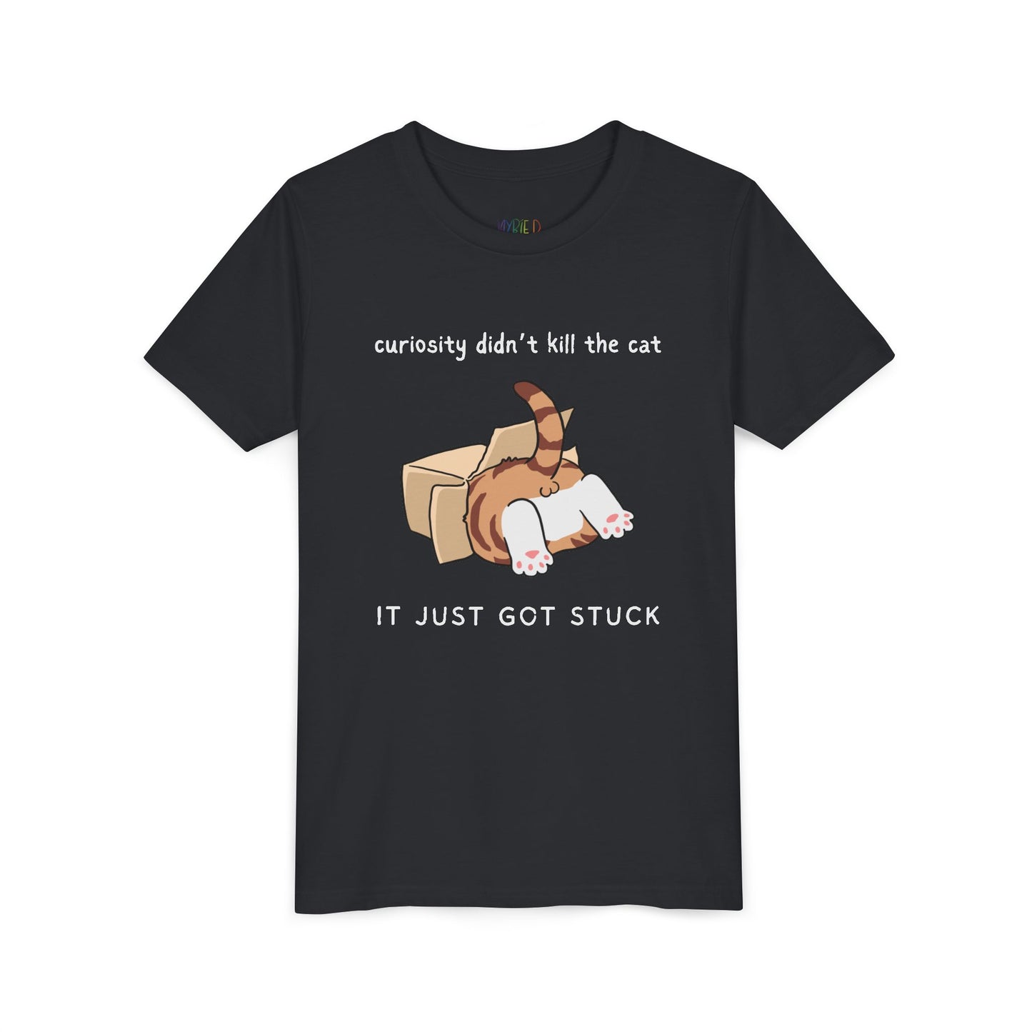 Black t-shirt with a cat inside a box and text 'curiosity didn't kill the cat, it just got stuck' 
