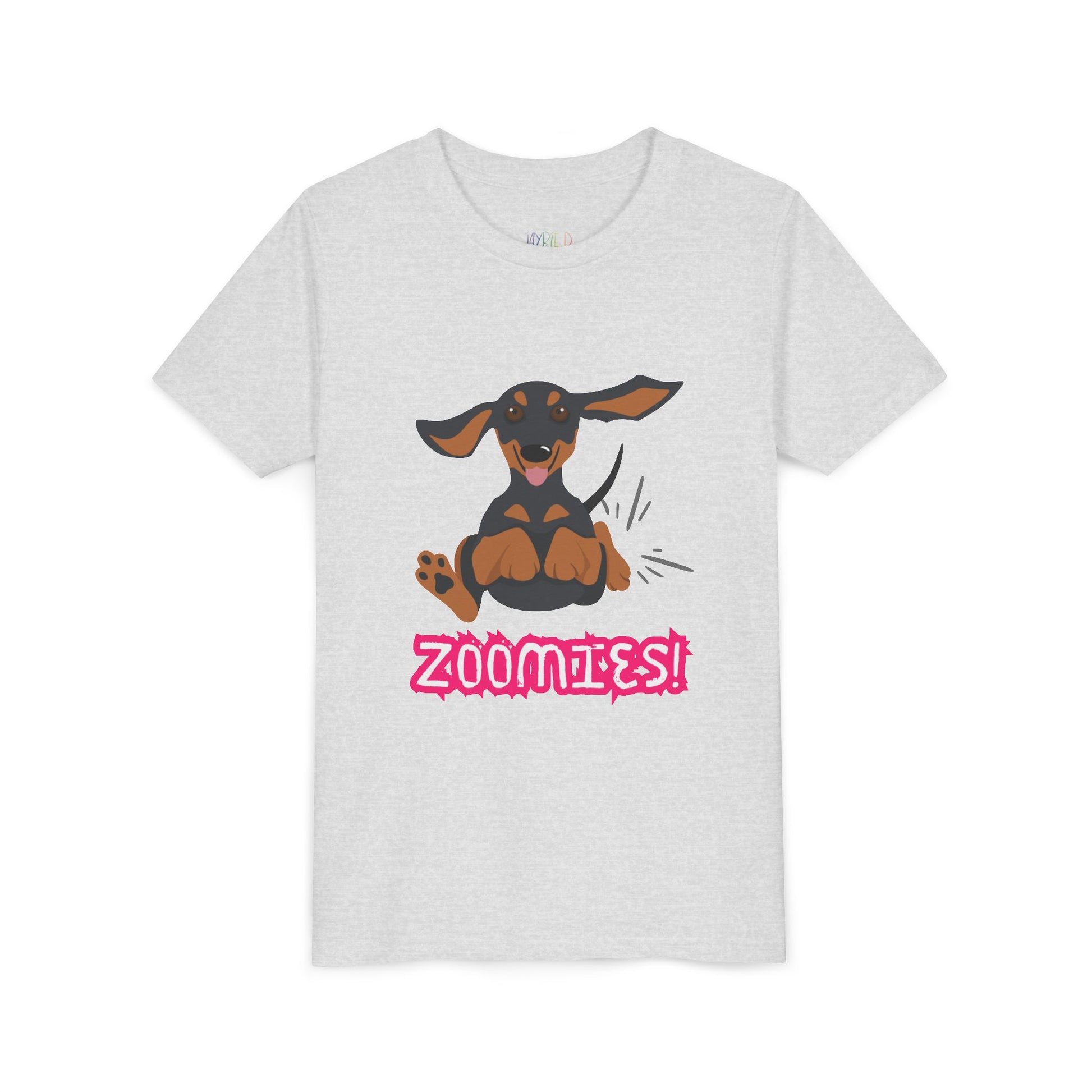 Light gray t-shirt with a running dachshund and 'Zoomies!' text 