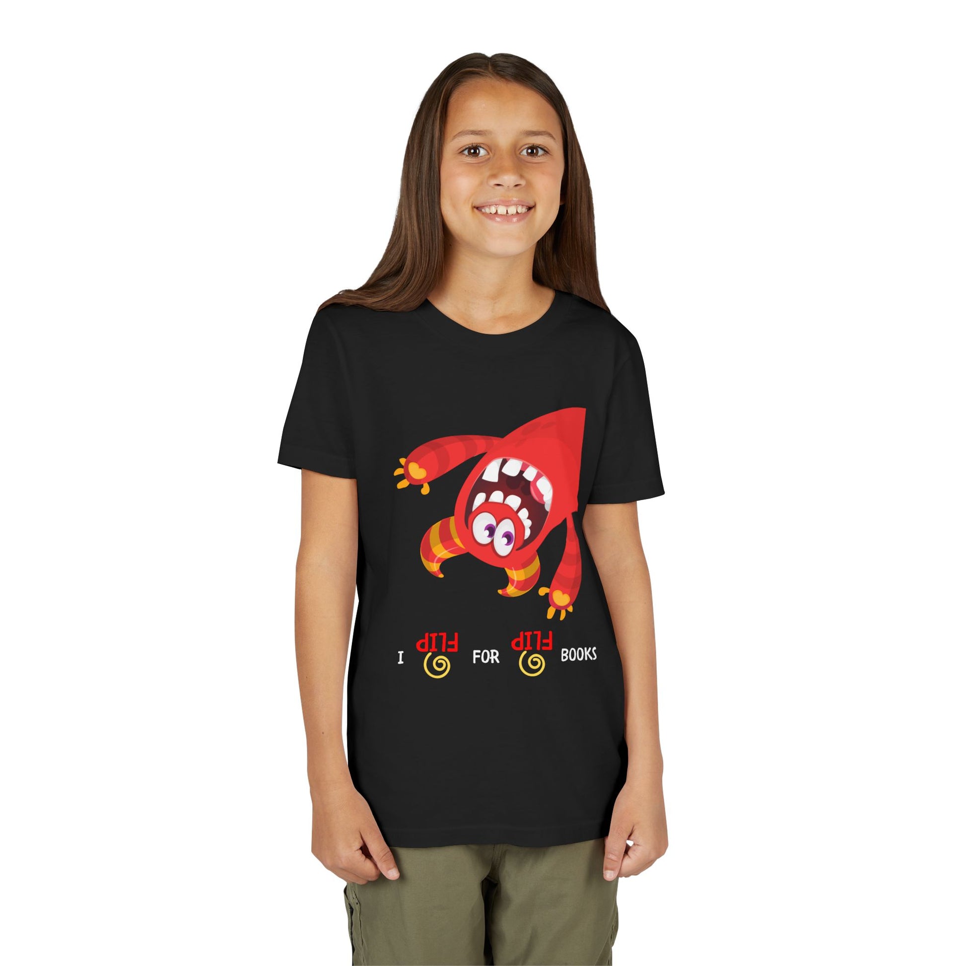 Girl wearing a black t-shirt with an upside down red monster cartoon character and playful text 'I FLIP FOR FLIP BOOKS'