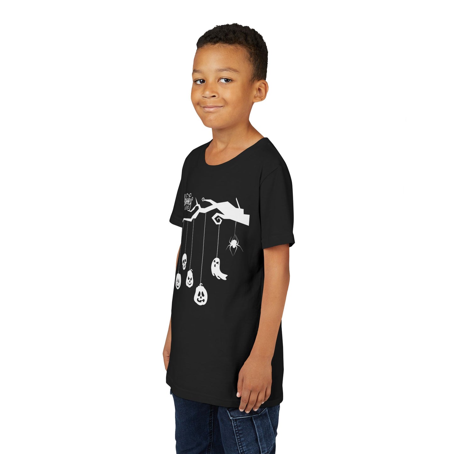 Boy wearing a black t-shirt with Halloween-themed three limb and hanging spooky charms