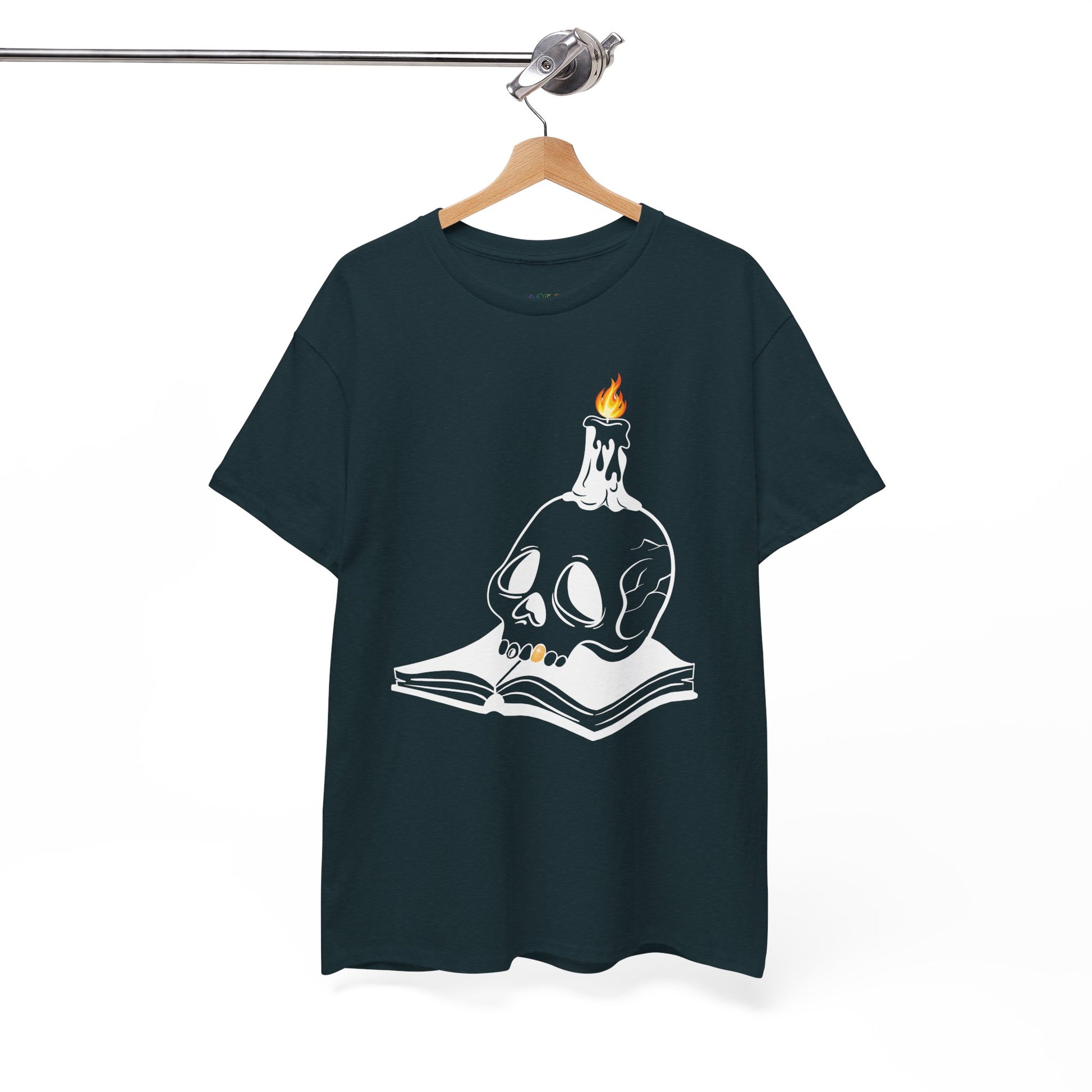 Midnight t-shirt with a graphic design of a skull and candle on an an open book