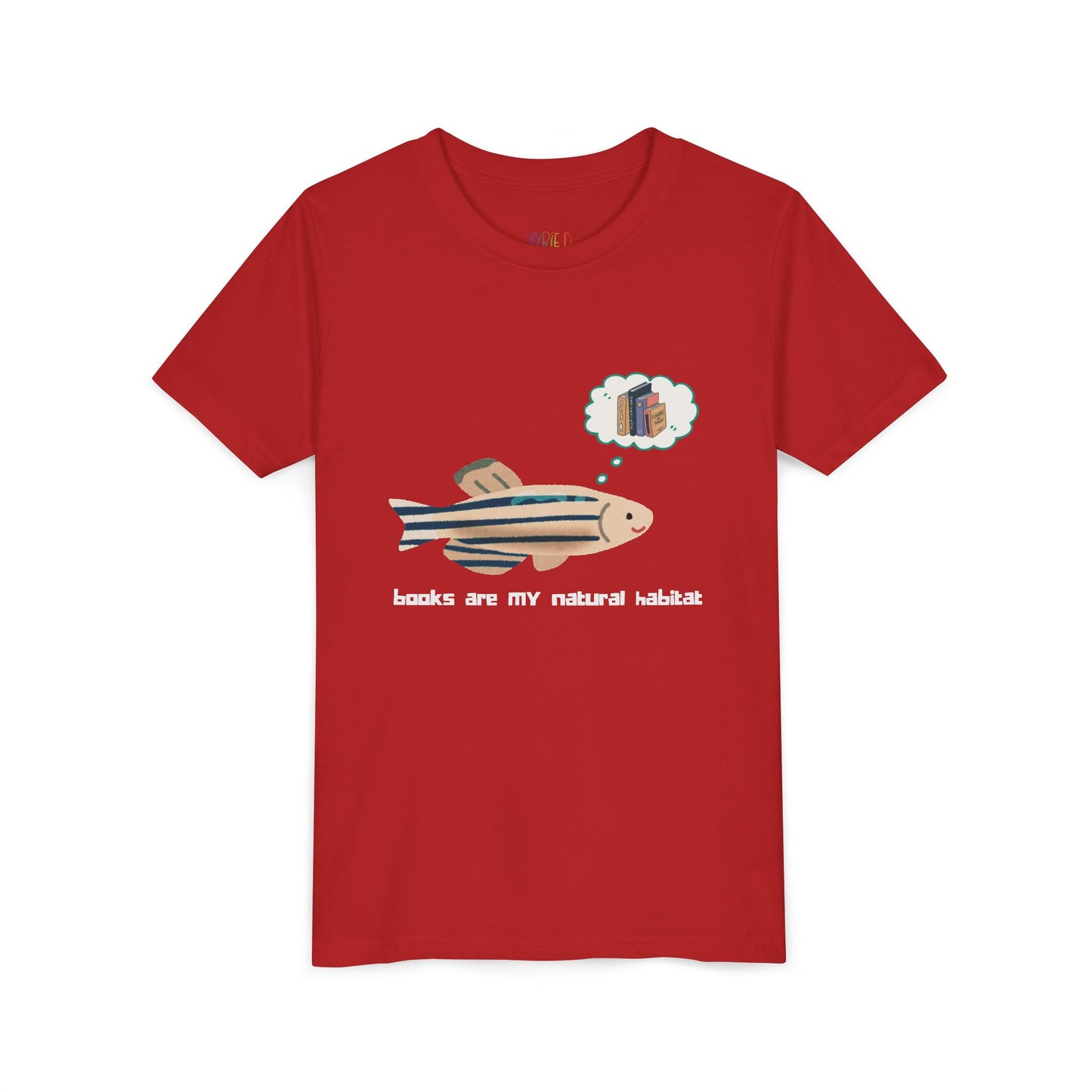 Red t-shirt with a fish graphic, thought bubble of books and text 'books are my natural habitat'