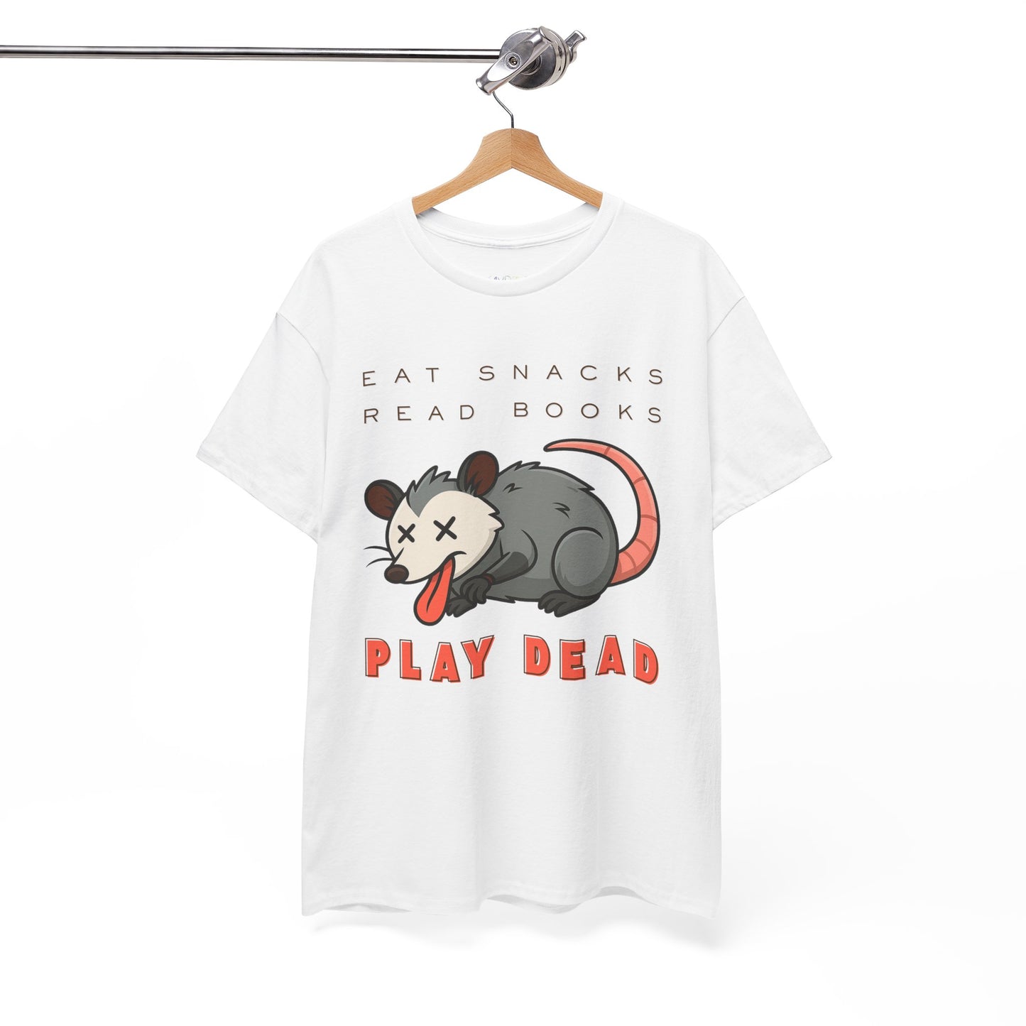 White t-shirt with an opossum graphic and text 'Eat Snacks. Read Books. Play Dead.'