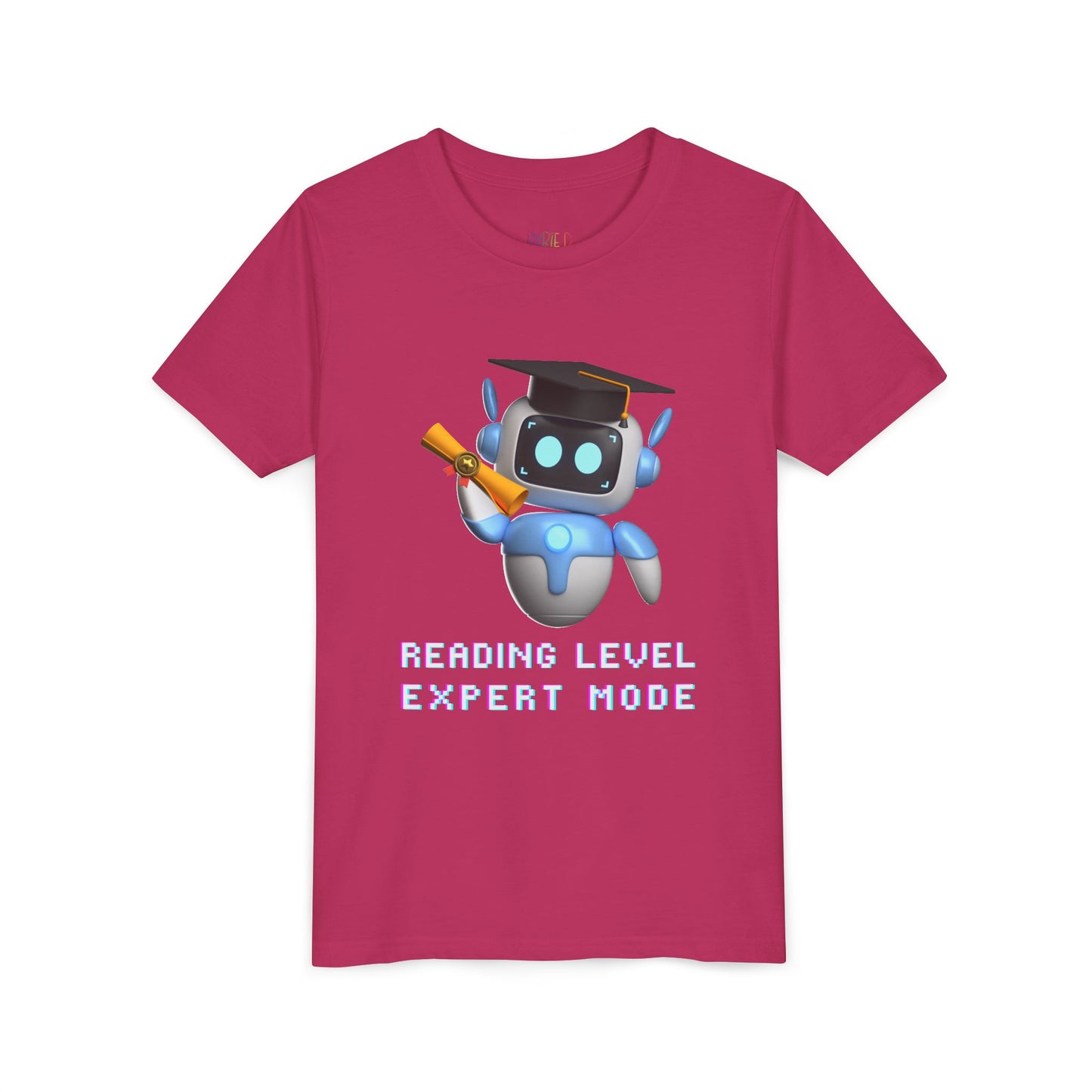 Pink t-shirt with a robot graduate and text 'Reading Level Expert Mode' 