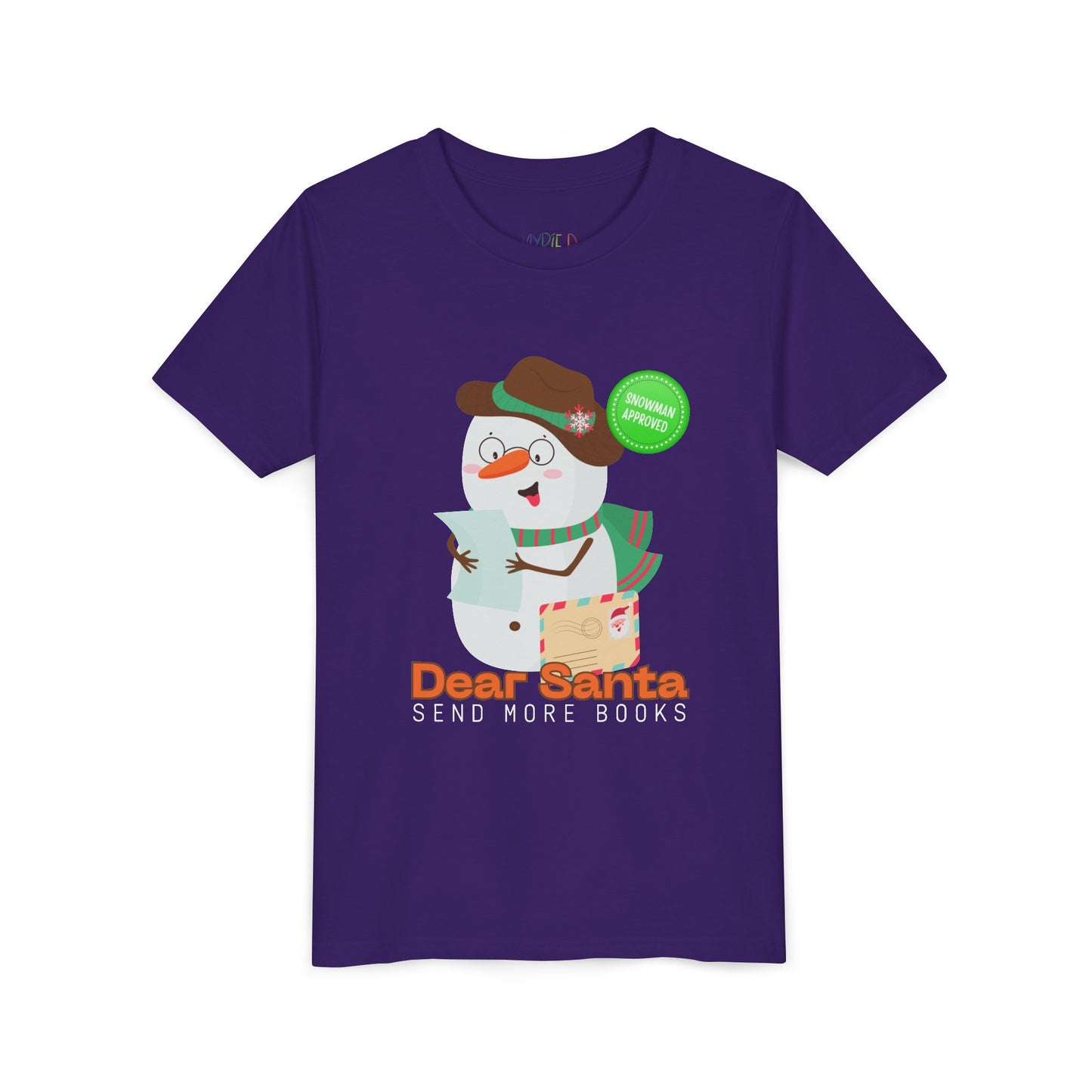 Purple t-shirt with a snowman graphic and text 'Dear Santa Send More Books' on a white background