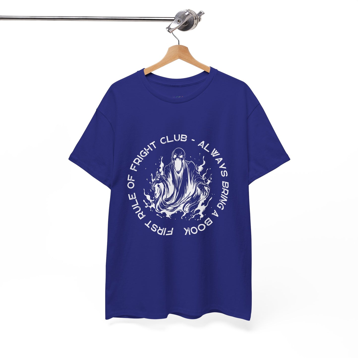 Blue t-shirt with a white screaming ghoul and white circular text 'First Rule of Fright Club - Always Bring a Book'