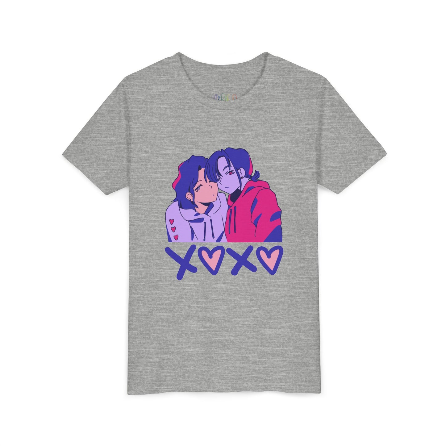 Gray t-shirt with two cartoon characters snuggled up and 'XOXO' text 