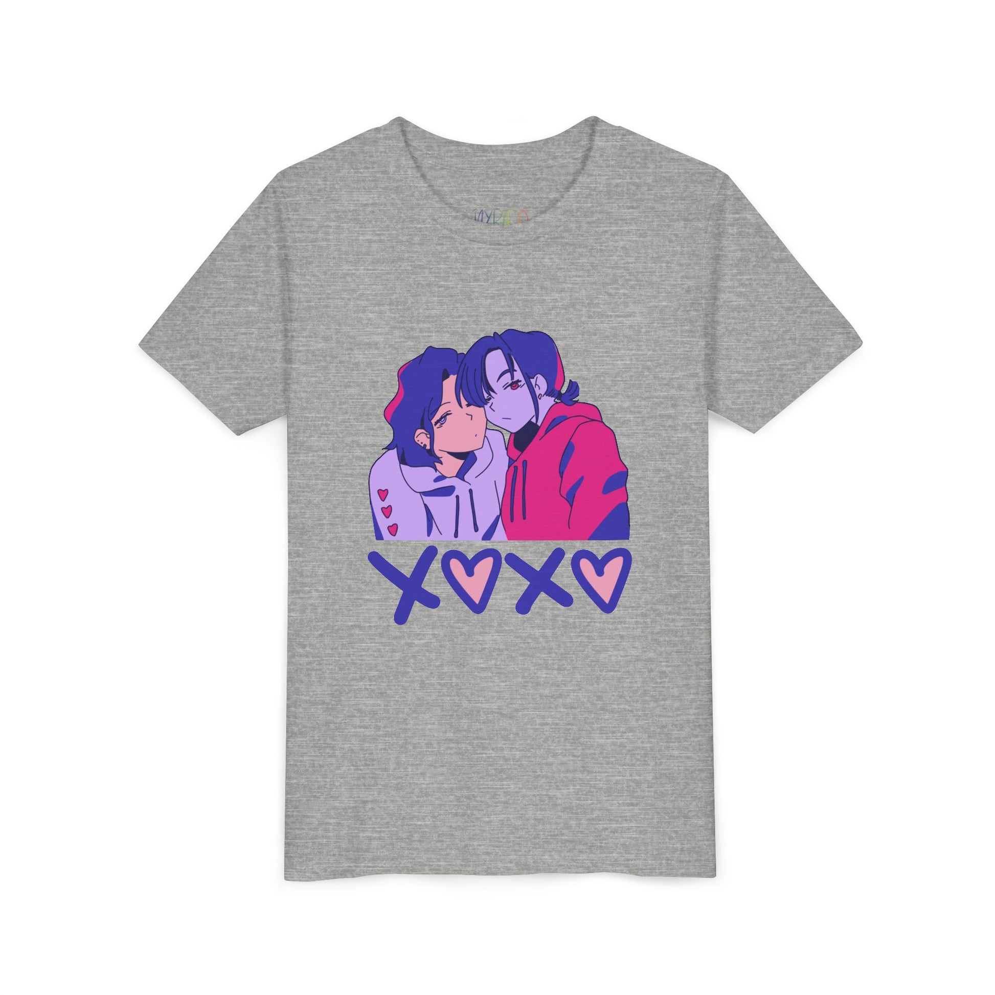Gray t-shirt with two cartoon characters snuggled up and 'XOXO' text 