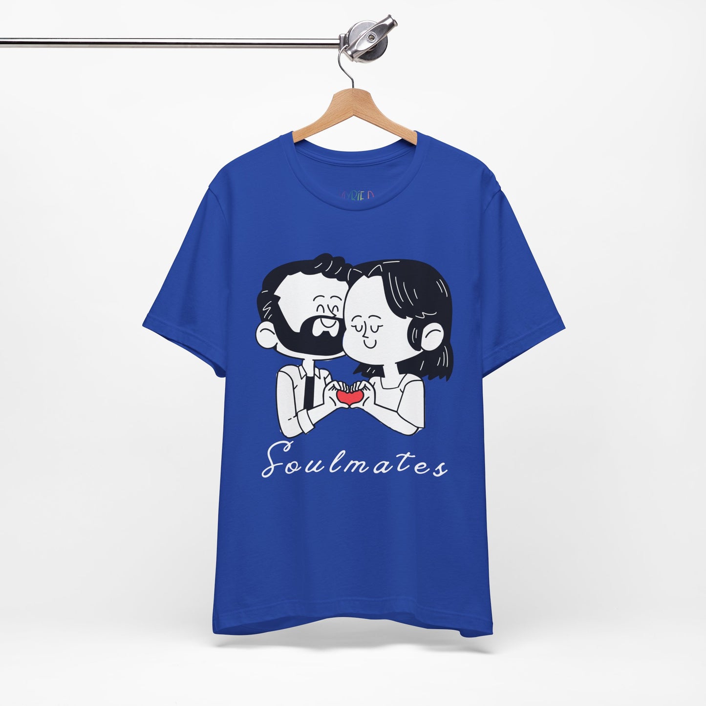 Blue t-shirt with a graphic of two people snuggled, making a heart shape by putting their hands together and text 'Soulmates' 