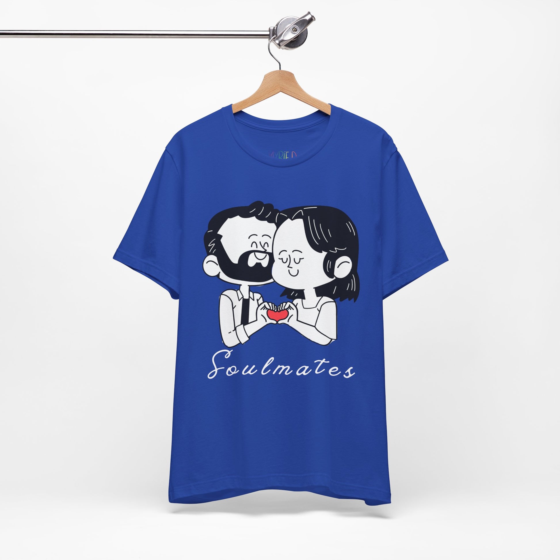 Blue t-shirt with a graphic of two people snuggled, making a heart shape by putting their hands together and text 'Soulmates' 