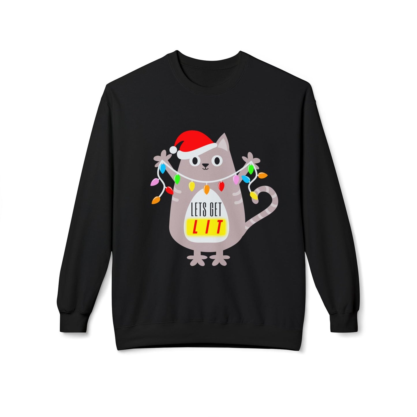 Teen/Adult Unisex Letâ€™s Get Lit Cat Sweatshirt â€“ Festive Holiday Lights Kitty Design Printify